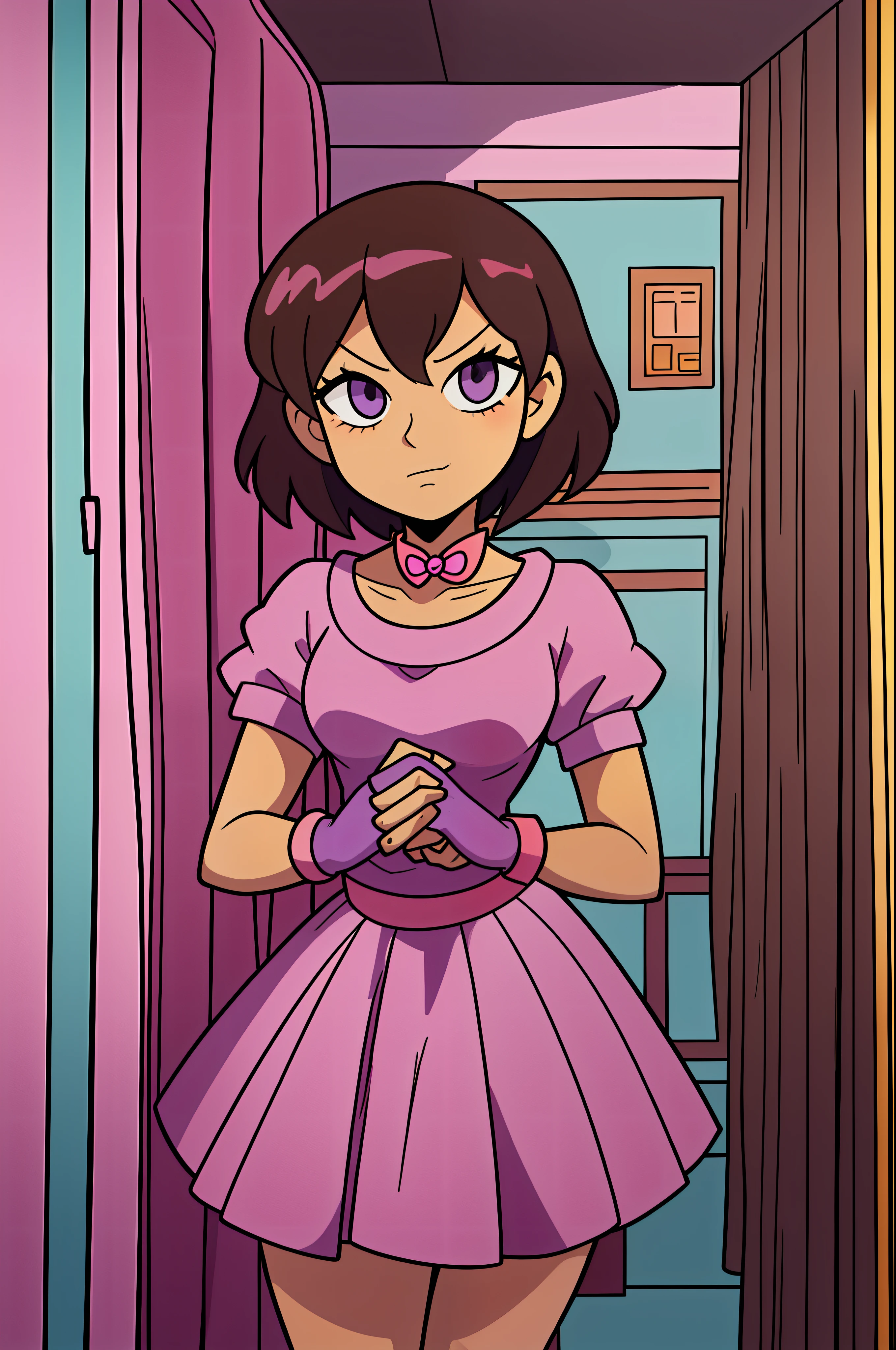 Cartoon girl with short brown hair and a pink dress holding a purple butterfly, like an anime character, Hime cut, Pin in anime, anime look of a cute girl, an anime girl, in an anime style, anime moe artstyle, in the art style of 8 0 s anime, female anime character,  anime girl named Lucy, she has a beautiful expressive face