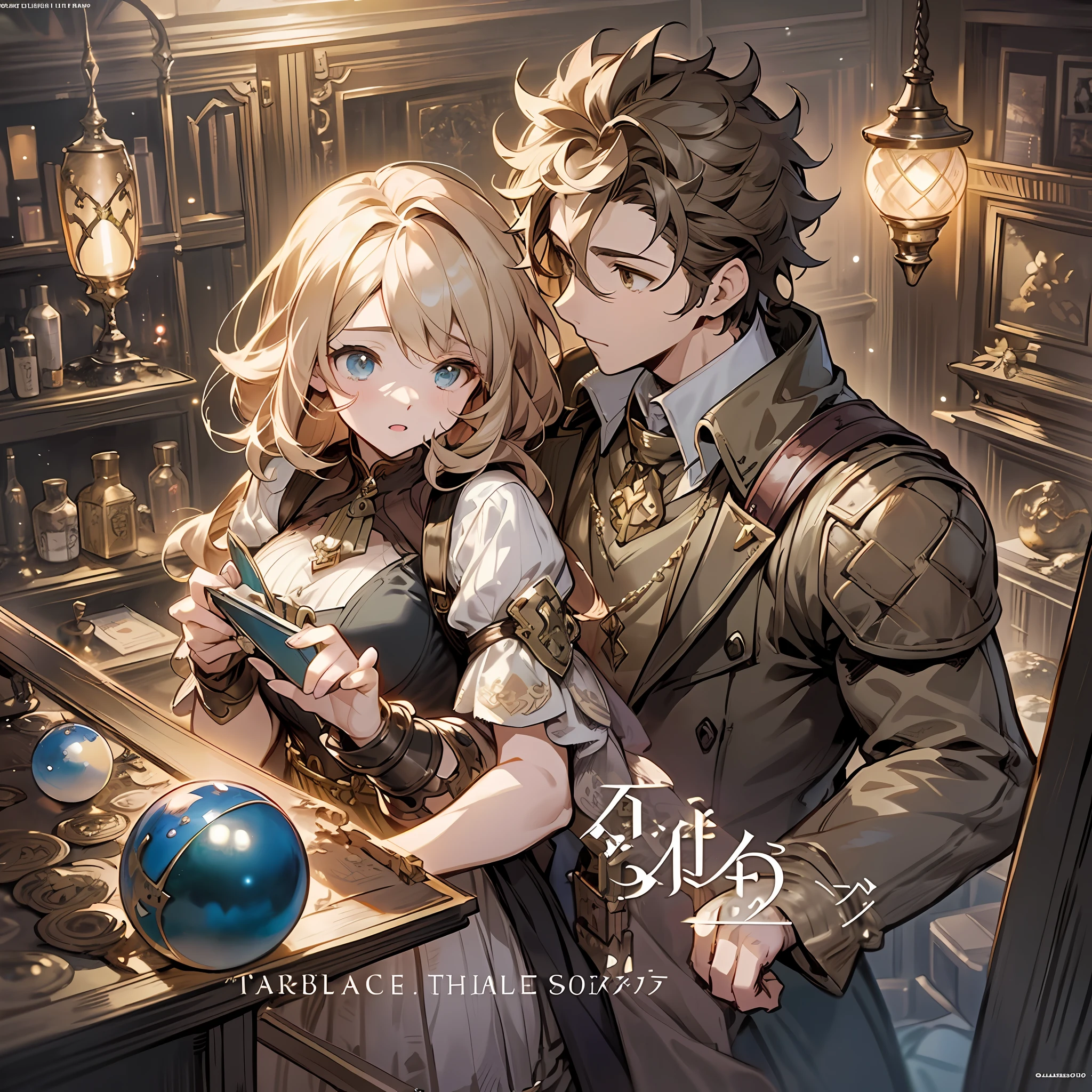 a couple of anime characters standing next to each other, octopath traveler, romance book cover, boris valejo. octopath traveler, octopath traveller style, hands holding big glowing orbs, artbook artwork, full art illustration, official art, official artwork hdr, promotional art, character album cover, light novel cover art, official artwork, romance novel cover