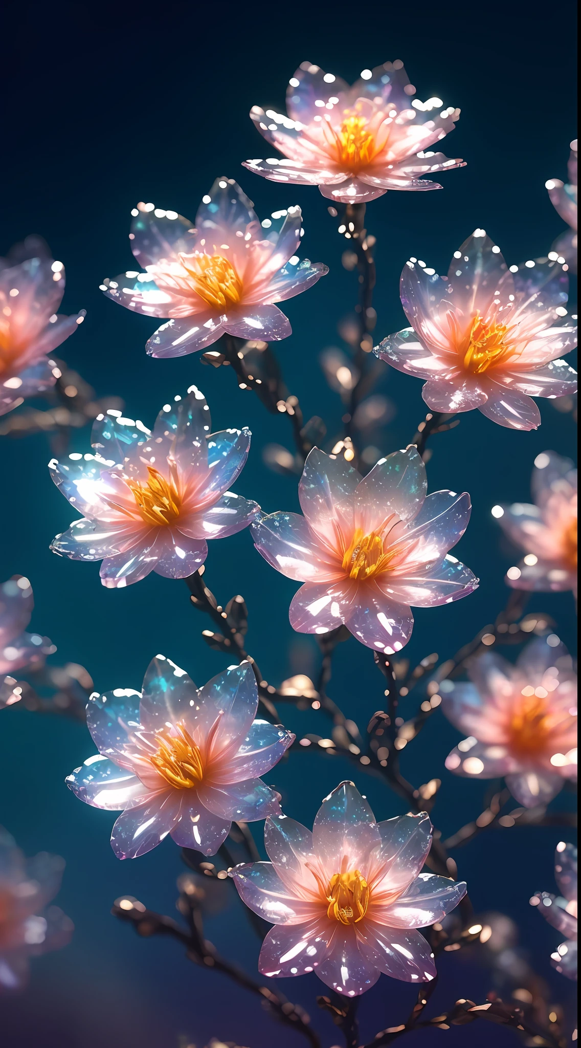 crystal spring blossom,
fantasy, galaxy, transparent,
shimmering, sparkling, splendid, colorful,
magical photography, dramatic lighting, photo realism, ultra-detailed, 4k, Depth of field, High-resolution