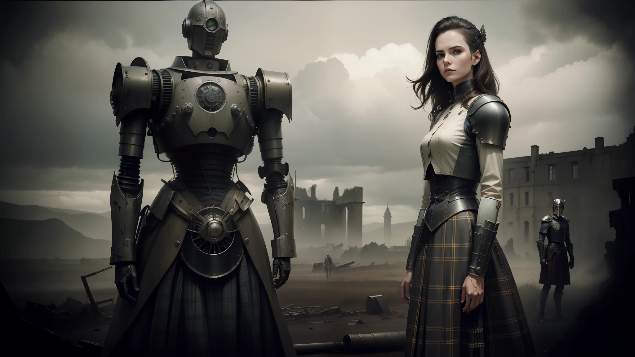 there are two people standing next to a robot in a field, patrick demarchelier, tartan garment, j. j. abrams, ( steampunk ), female medieval knight, transmetal ii, warrior dress, photo still of, inspired by Peggy Angus, wearing a kilt, destroyed armor, examining ruins, grayscale photography, by Guillermo del Toro, pathetic robot, by Edward Baird --auto --s2