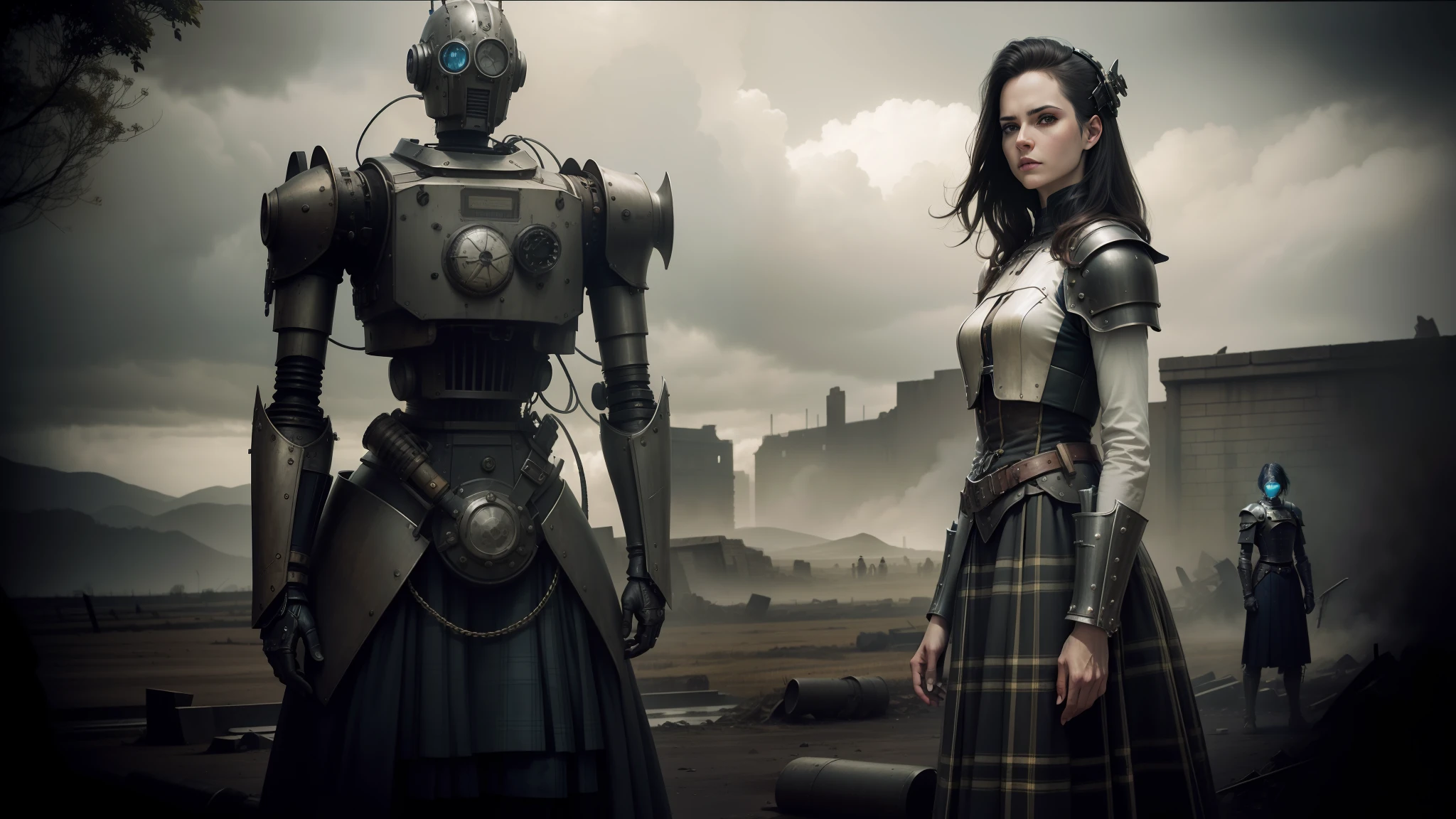 there are two people standing next to a robot in a field, patrick demarchelier, tartan garment, j. j. abrams, ( steampunk ), female medieval knight, transmetal ii, warrior dress, photo still of, inspired by Peggy Angus, wearing a kilt, destroyed armor, examining ruins, grayscale photography, by Guillermo del Toro, pathetic robot, by Edward Baird --auto --s2