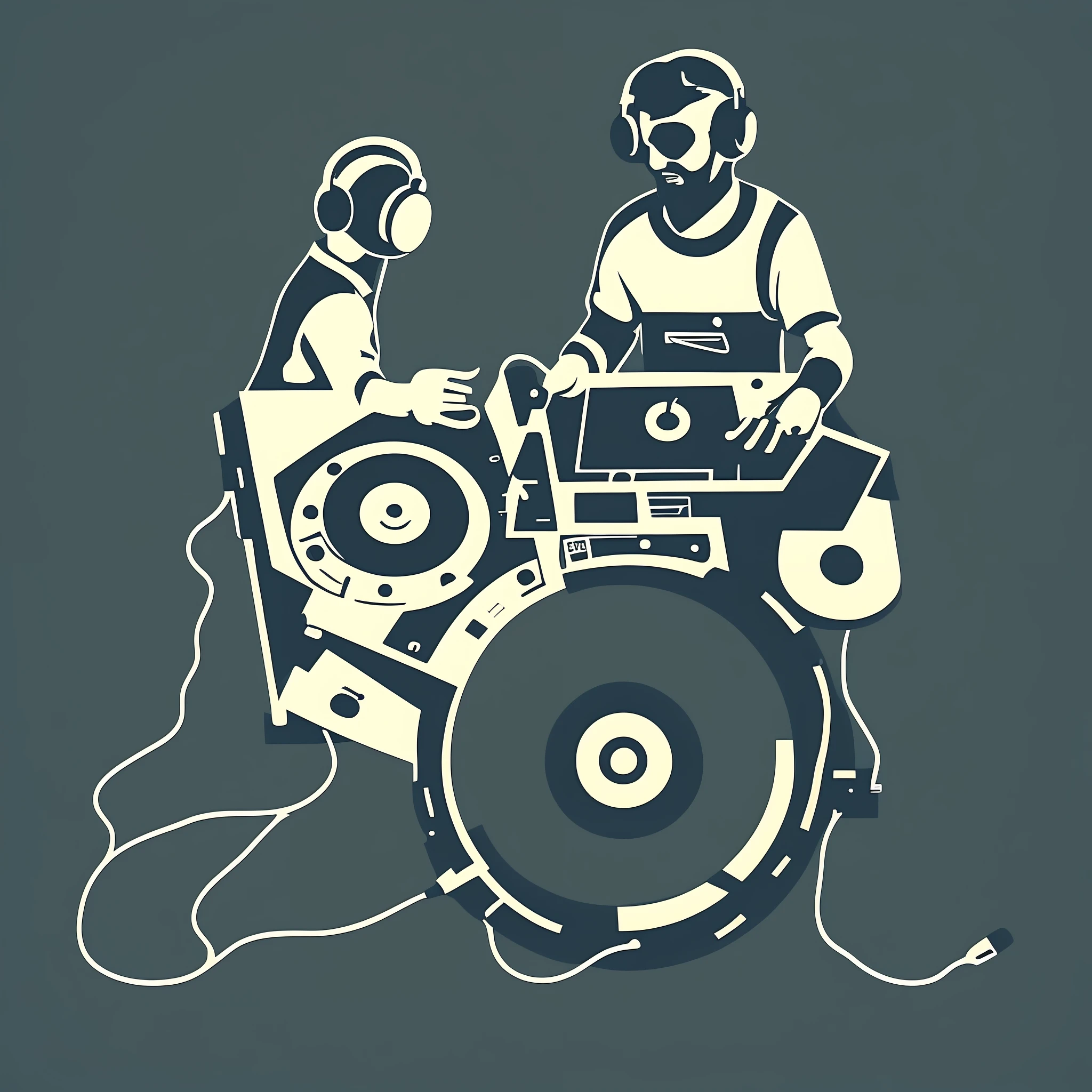 (a DJ:1.2) , t-shirt logo in the style of tapered fine outline, orthographic view, art on (empty background:1.4)