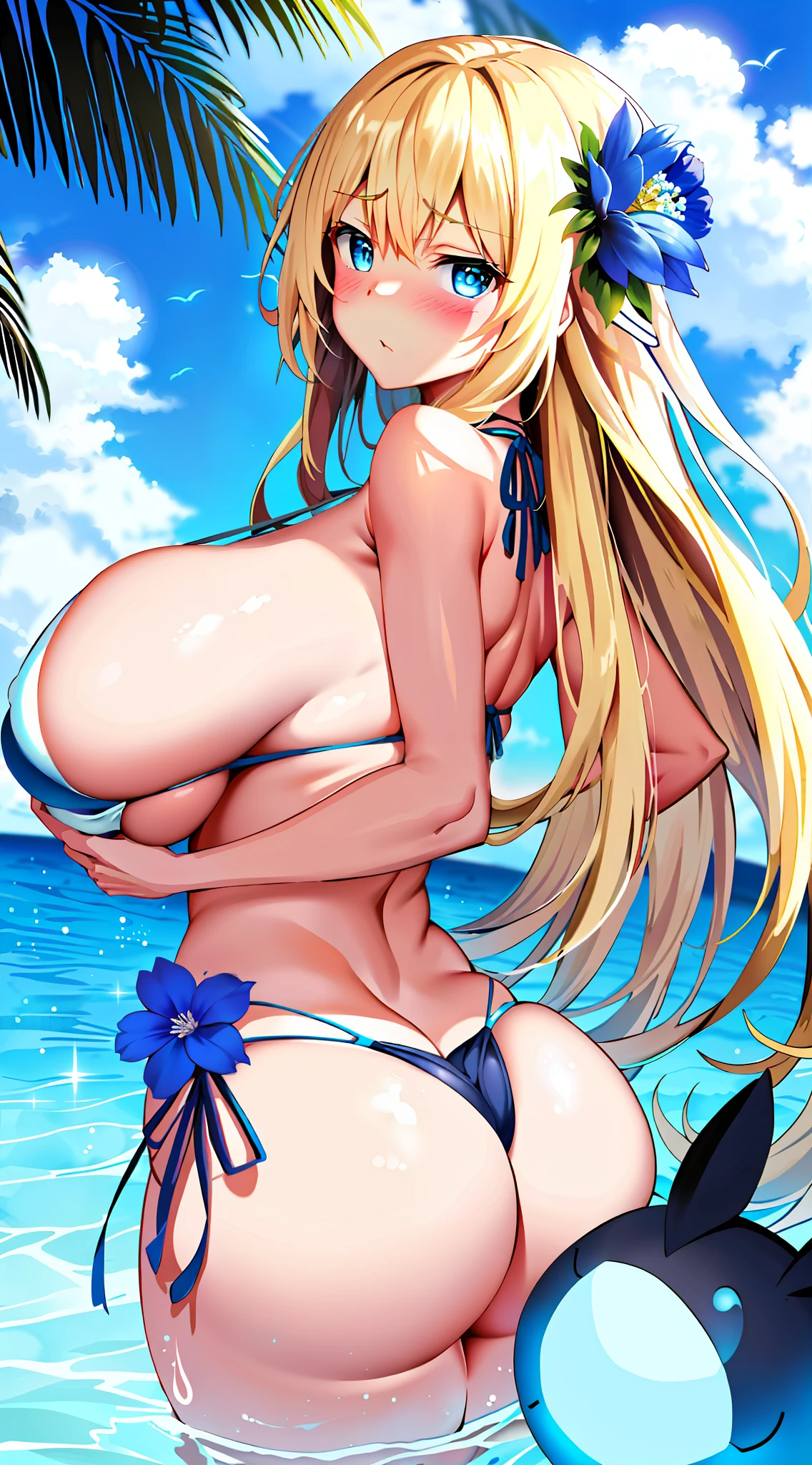 ((Colossal tits)) Big breasts Boobs Ass Back (glowing blue eyes) Blonde White skin Long hair Bikini swimsuit Flower hair ornament (blush / puzzled face)