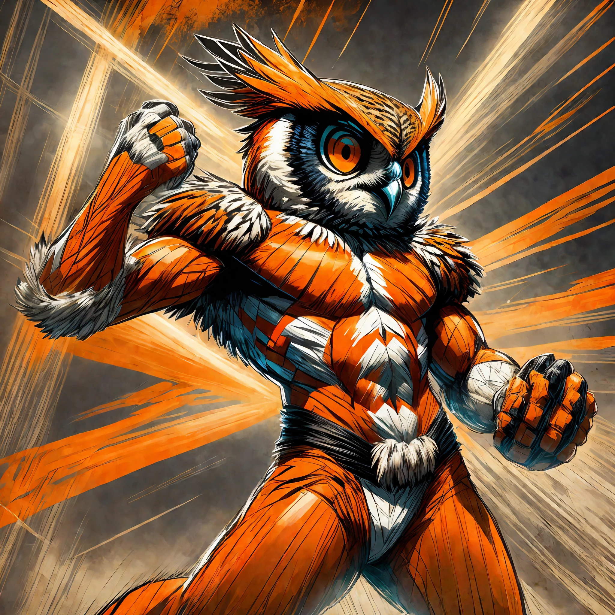 A mutant owl in a victorious pose, showing off his entire body, wearing a vertically striped orange and black football shirt and holding a football, like a football mascot in a photorealistic 3D style inspired by Luke Ross' art. Art Form: Marvel Comics 3D Color Temperature: Cold Facial Expression: Fierce Lighting: Dramatic Atmosphere: Intense --v 5 --Style 1000 - --auto --s2