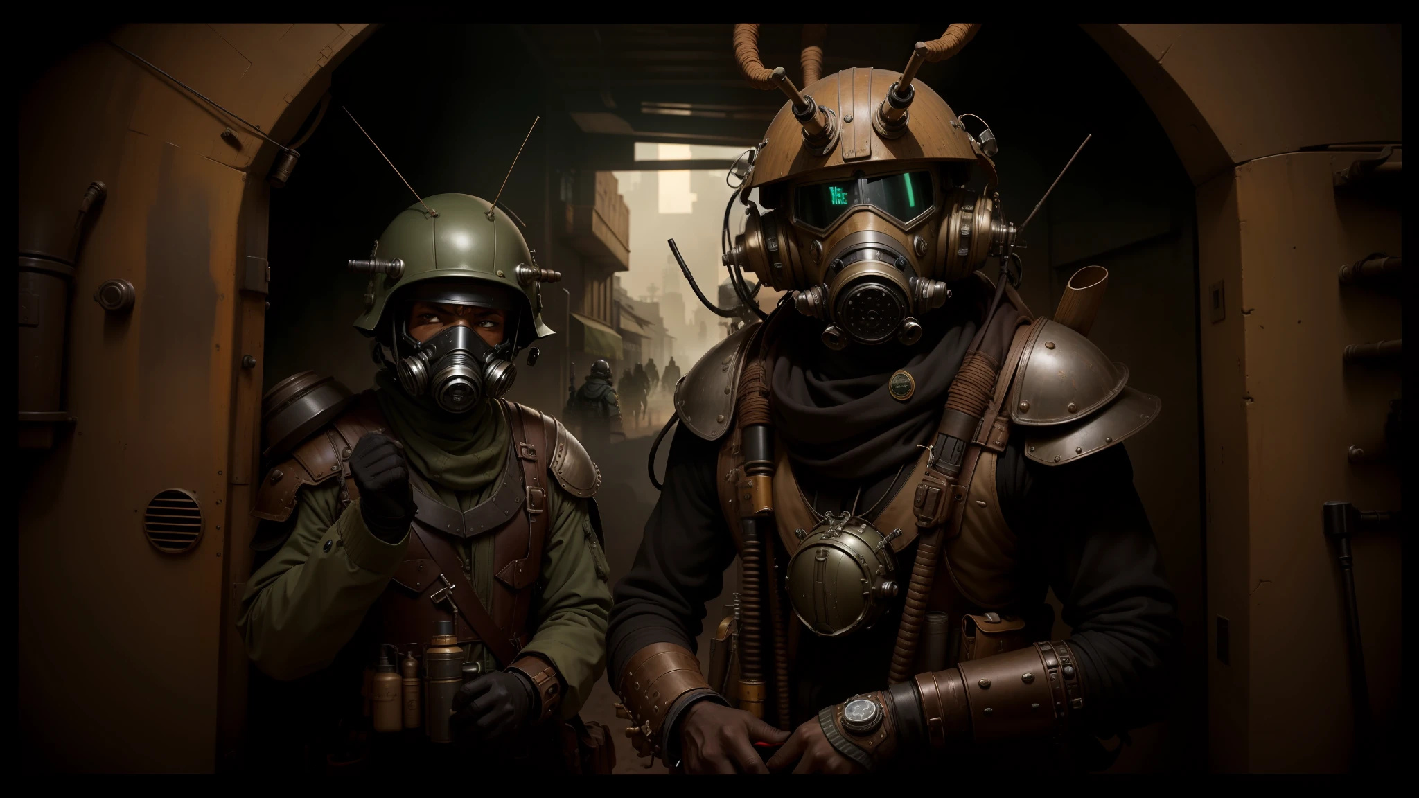 they are wearing gas masks and helmets with a bug like head, yasuke 5 0 0 px models, shot on anamorphic lenses, weta disney, steampunk desert background, tekkon kinkret, woodpunk, dream sequence. the apprentice, diesel punk, inspired by René Auberjonois --auto --s2