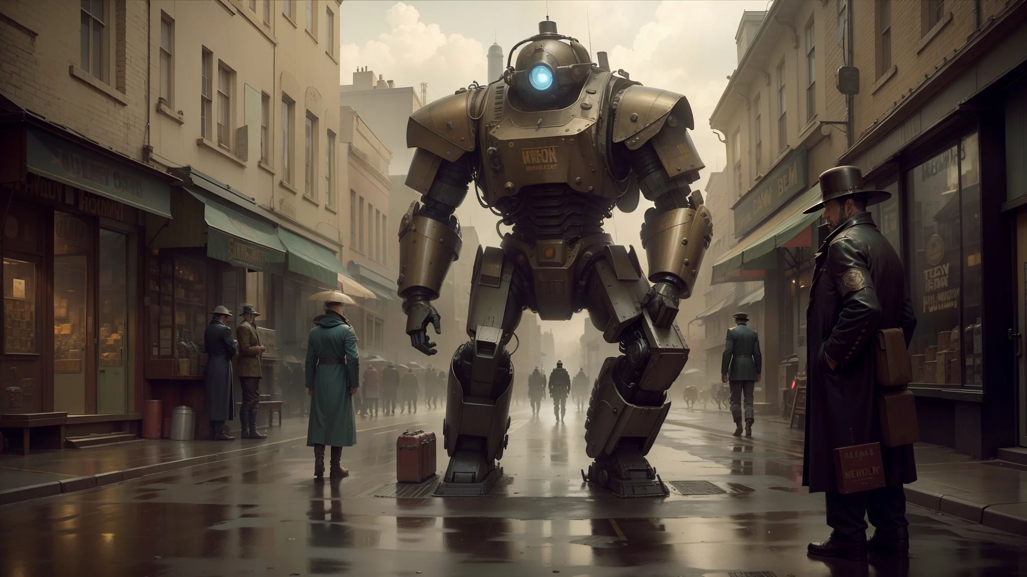 there is a giant robot that is standing in the middle of a street, steam-punk illustration, still image from tv series, when kindness falls like rain, merchant stands, beer advertisement, 2015 cinematography, wartime footage, 2009 cinematography, desaturated and muted colors, ralph horley --auto --s2