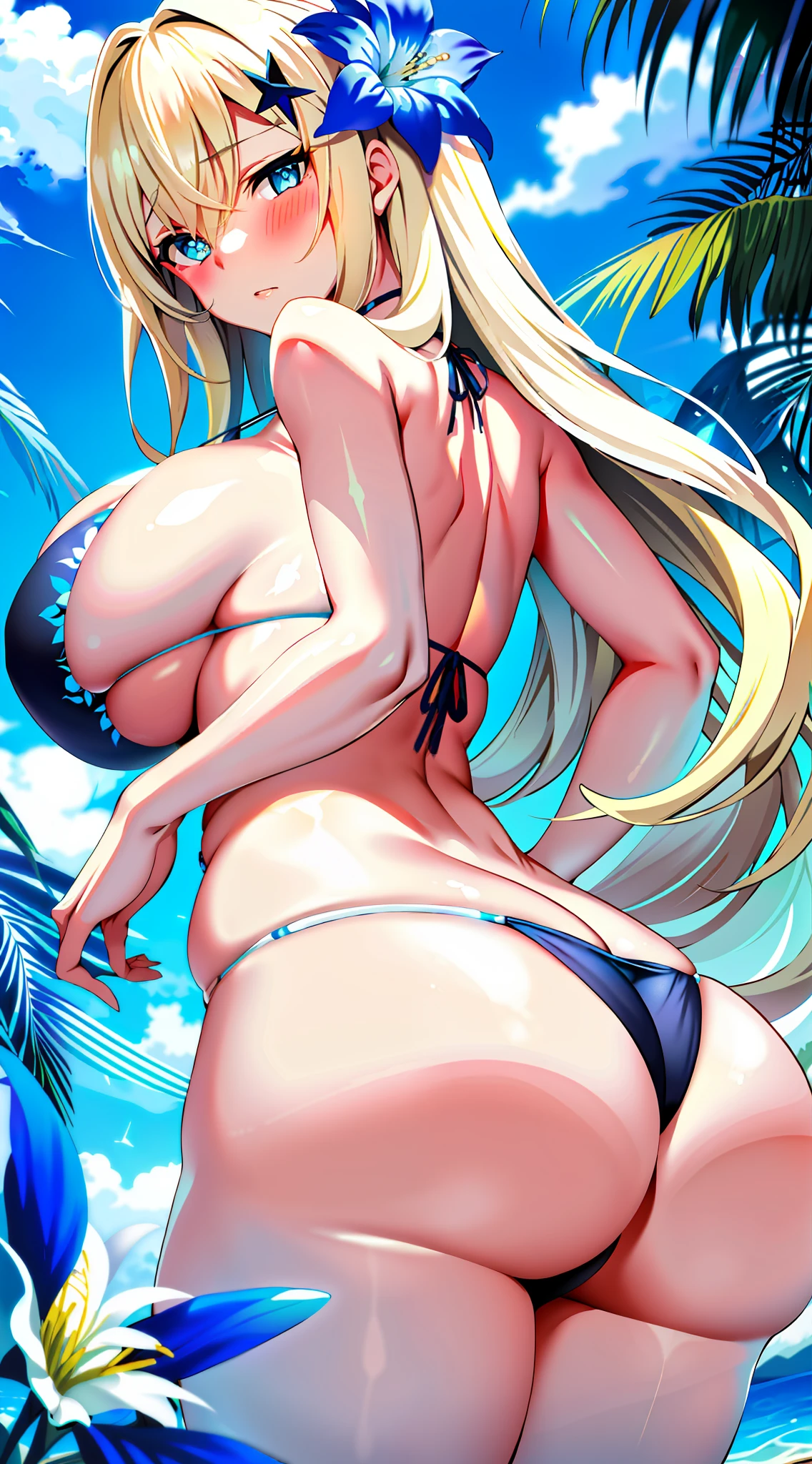 ((Colossal tits)) Big breasts Boobs Ass Back (glowing blue eyes) Blonde White skin Long hair Bikini swimsuit Flower hair ornament (blush / puzzled face)