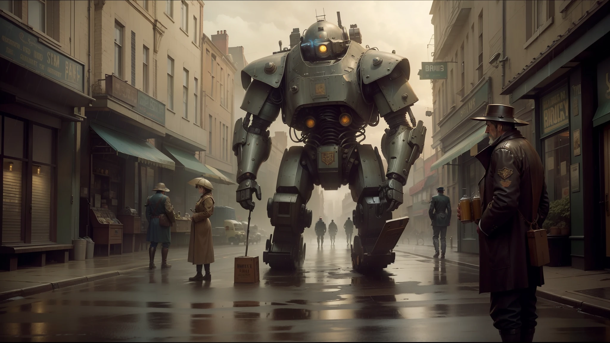 there is a giant robot that is standing in the middle of a street, steam-punk illustration, still image from tv series, when kindness falls like rain, merchant stands, beer advertisement, 2015 cinematography, wartime footage, 2009 cinematography, desaturated and muted colors, ralph horley --auto --s2