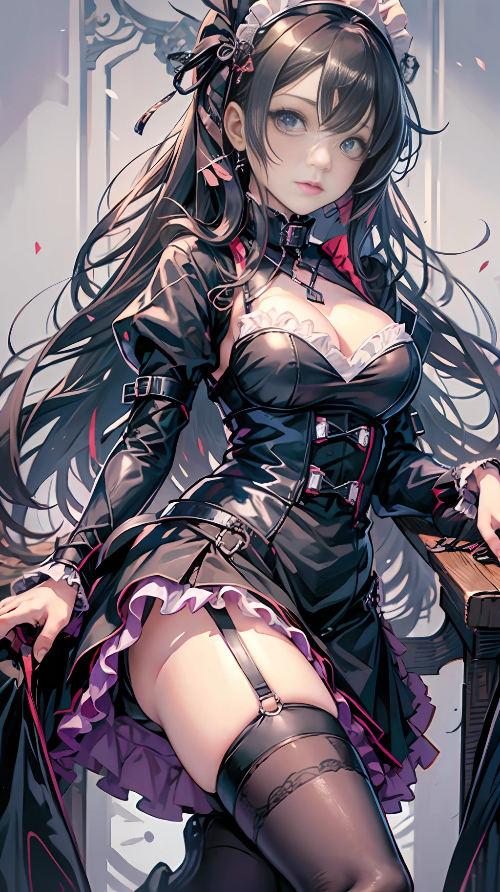 Girl in maid outfit, Gothic ta fashion, leather collar around the neck, black collar, black chain extending from the collar, black stockings, garter belt, lolidress, anime girl in maid costume, anime girl in gothic otome, anime girl in black dress, moe art style in anime, kushat krenzky art feminine, noir, Clean detailed anime art, Shalltear from Overlord --auto --s2
