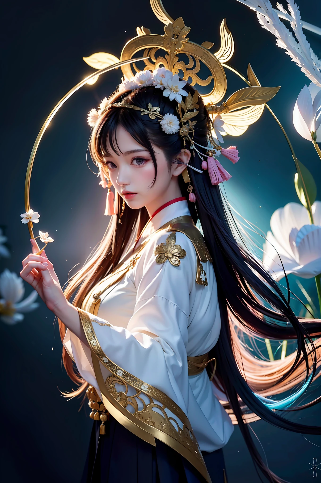 Zhong Fenghua, 1 girl, (full body: 1.5), with rabbit ears on the head, solo, hanfu, flower field, blossom, (white smoke: 1.3) (realistic: 1.4), zen entanglement, mandala, entanglement, official art, Unity 8k wallpaper, super detailed, beautiful and beautiful, masterpiece, best quality, (dynamic angle: 1.4), glowing skin, (floating colorful flashes: 1) the most beautiful chaotic forms, elegant, brutalist design, bright colors, romantic depth of field,