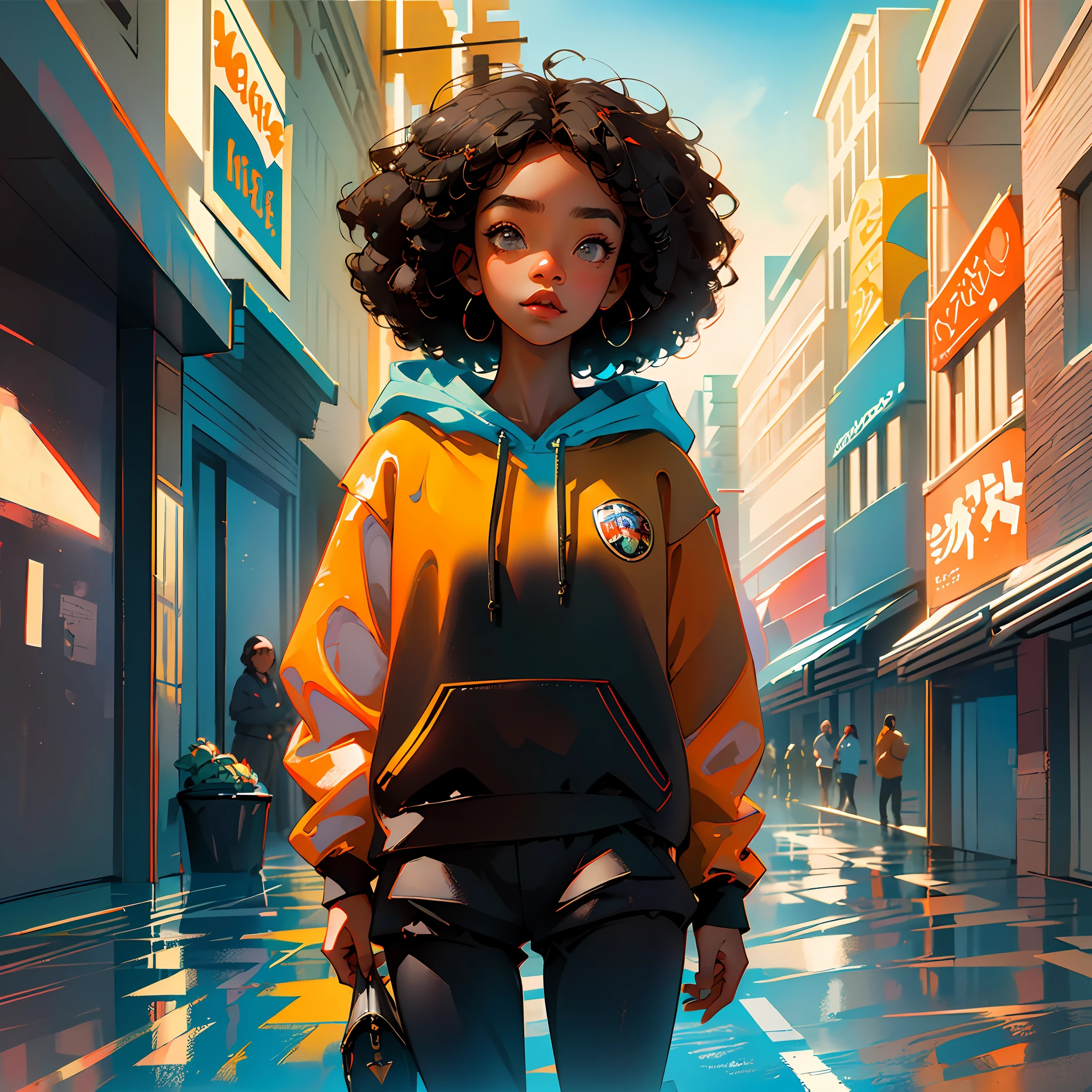 (masterpiece, best quality), 1 girl, black skin, outdoors, on the street, day, sky, looking at the viewer, busy street, brown eyes, curly hair, gradient hair, orange hooded sweatshirt, polka dot sweatshirt, full body, blue sky, depth of field, light smile, --auto --s2