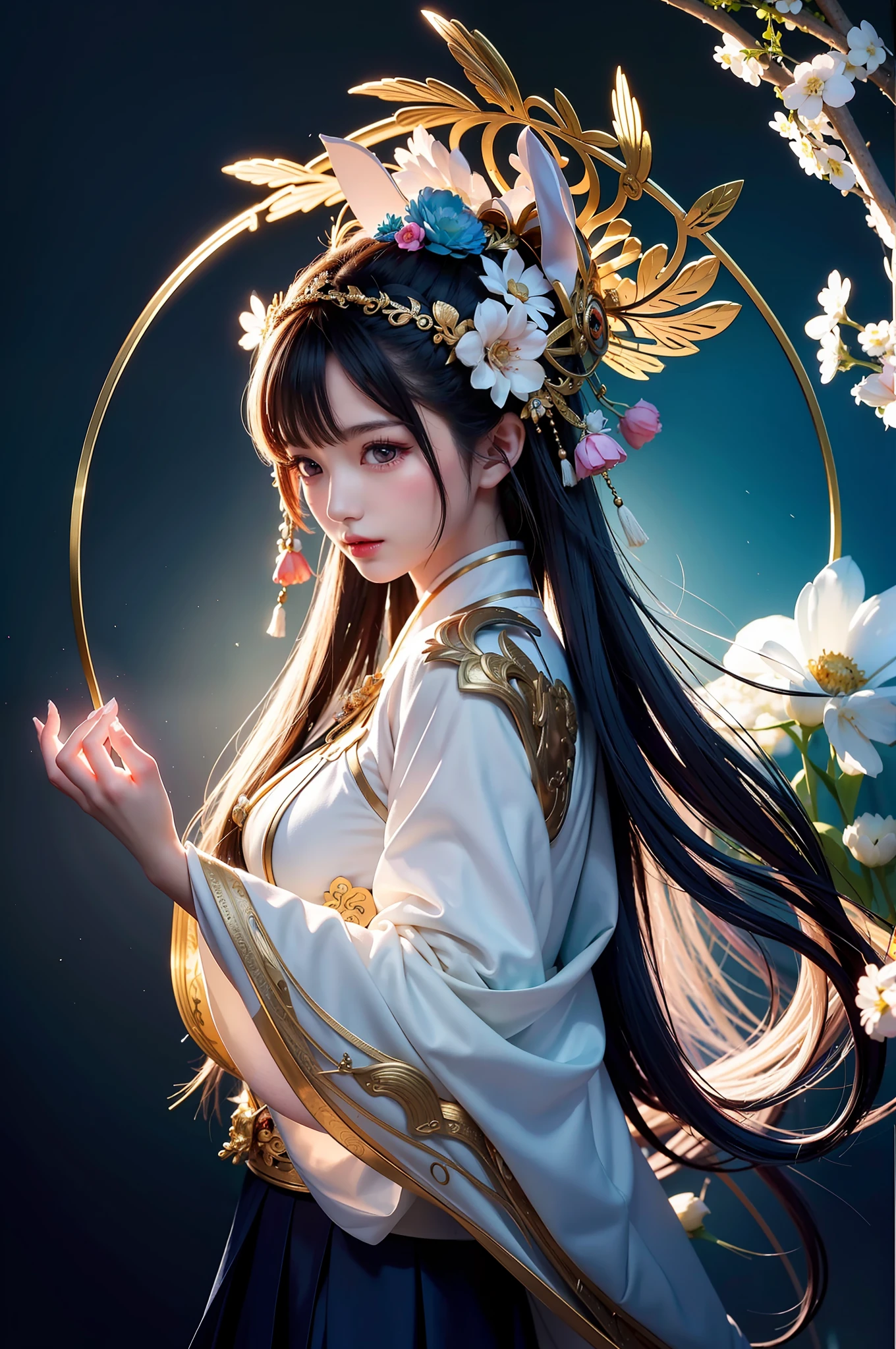 Zhong Fenghua, 1 girl, (full body: 1.5), with rabbit ears on the head, solo, hanfu, flower field, blossom, (white smoke: 1.3) (realistic: 1.4), zen entanglement, mandala, entanglement, official art, Unity 8k wallpaper, super detailed, beautiful and beautiful, masterpiece, best quality, (dynamic angle: 1.4), glowing skin, (floating colorful flashes: 1) the most beautiful chaotic forms, elegant, brutalist design, bright colors, romantic depth of field,