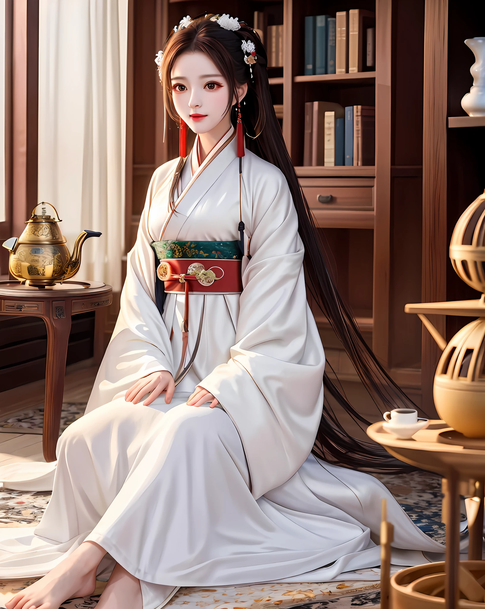 Excellent, masterpiece, high resolution, 1 woman, beauty, Hanfu, white robe, indoor, tea, incense burner, bookcase, oil lamp, warm light