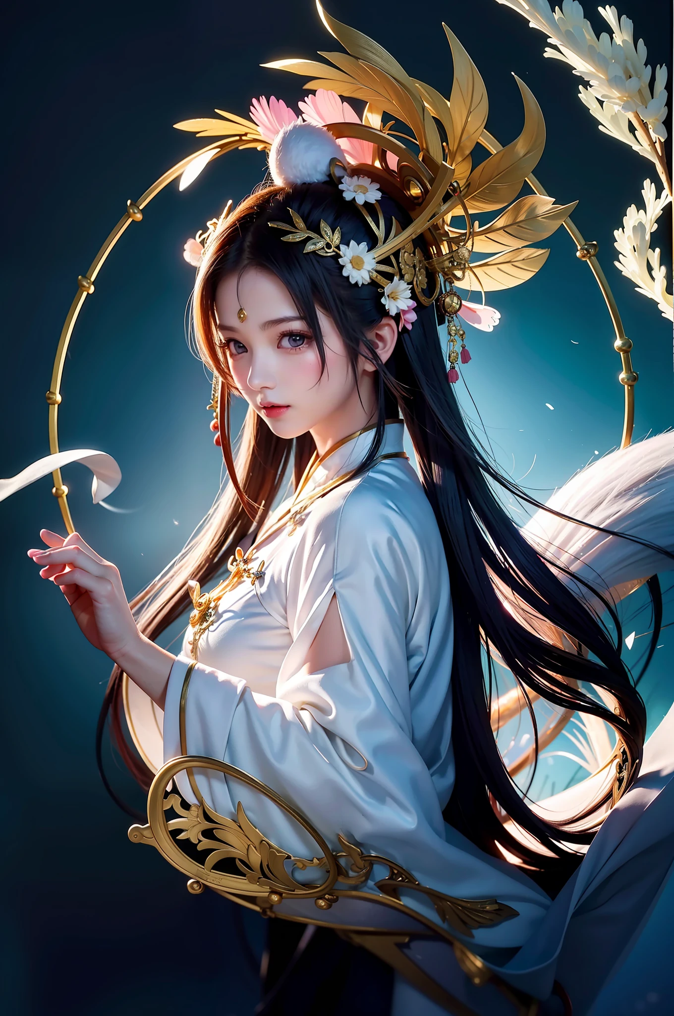 Zhong Fenghua, 1 girl, (full body: 1.5), with rabbit ears on the head, solo, hanfu, flower field, blossom, (white smoke: 1.3) (realistic: 1.4), zen entanglement, mandala, entanglement, official art, Unity 8k wallpaper, super detailed, beautiful and beautiful, masterpiece, best quality, (dynamic angle: 1.4), glowing skin, (floating colorful flashes: 1) the most beautiful chaotic forms, elegant, brutalist design, bright colors, romantic depth of field,