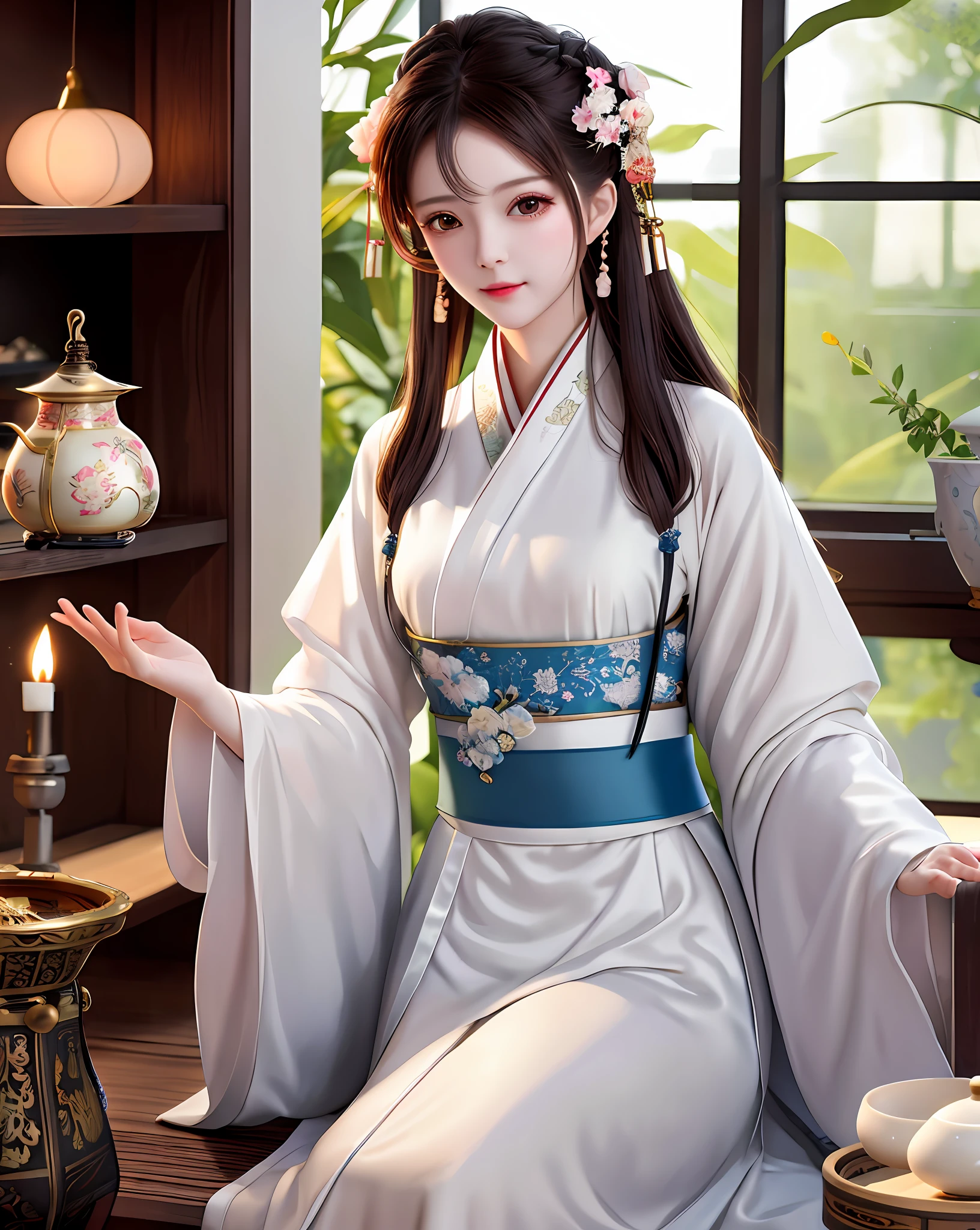 Excellent, masterpiece, high resolution, 1 woman, beauty, Hanfu, white robe, indoor, tea, incense burner, bookcase, oil lamp, warm light
