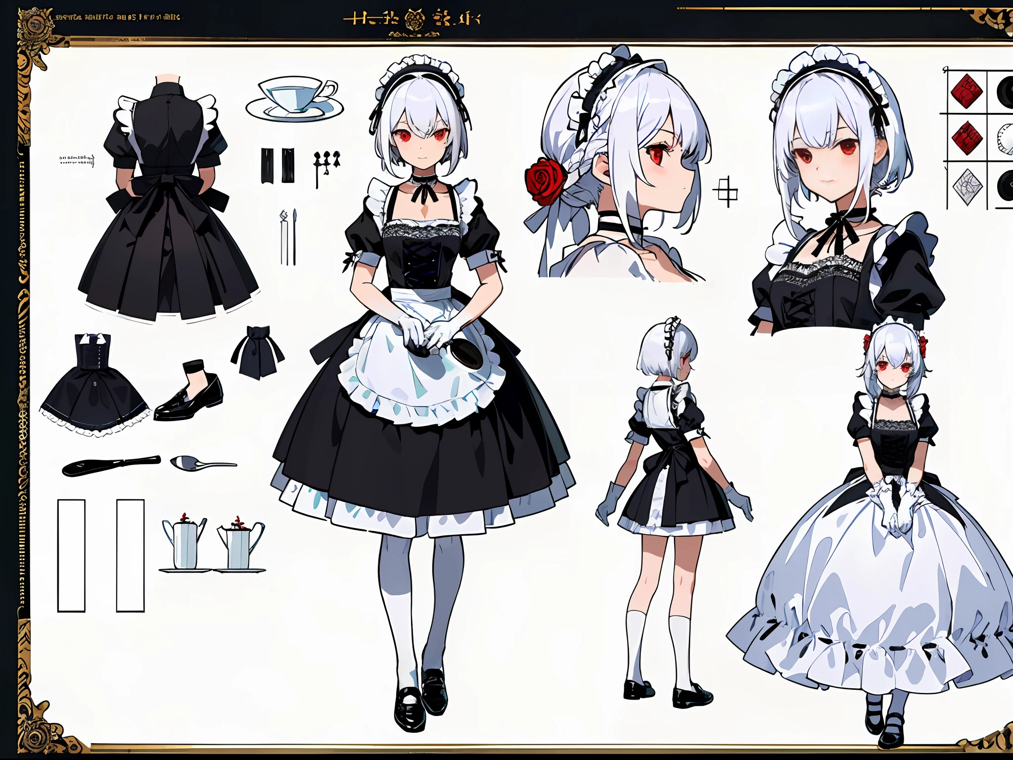 (Masterpiece, best quality) detailed, character sheet, character sheet, lots of items (same person, maid headdress, maid apron, lace choker, black leather shoes, white gloves, plate with wine glass, decoration, many parts), maid, red eyes, cute, white hair, bangs, full of details,