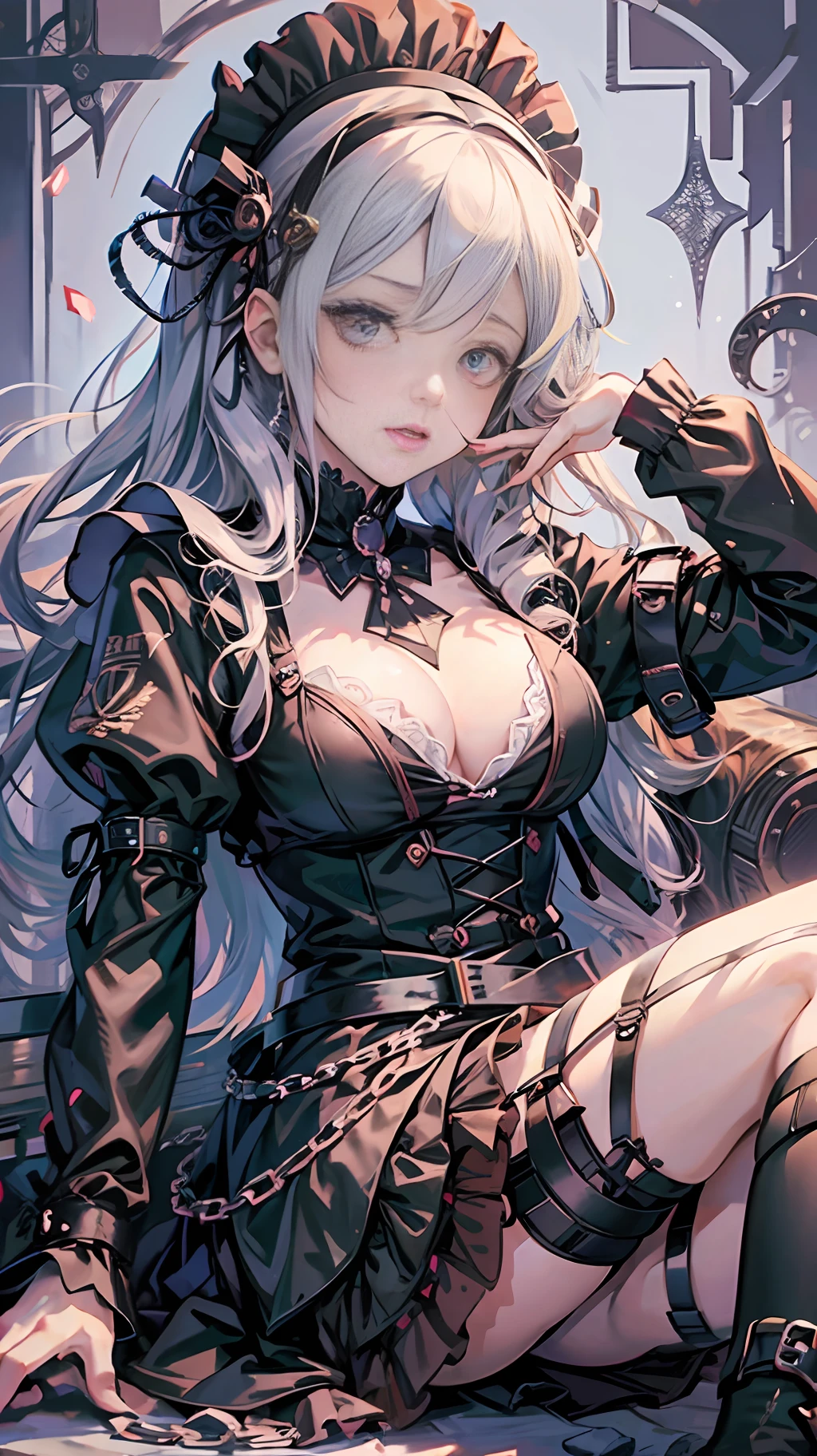 Girl in maid outfit, Gothic ta fashion, leather collar around the neck, black collar, black chain extending from the collar, black stockings, garter belt, lolidress, anime girl in maid costume, anime girl in gothic otome, anime girl in black dress, moe art style in anime, kushat krenzky art feminine, noir, Clean detailed anime art, Shalltear from Overlord --auto --s2