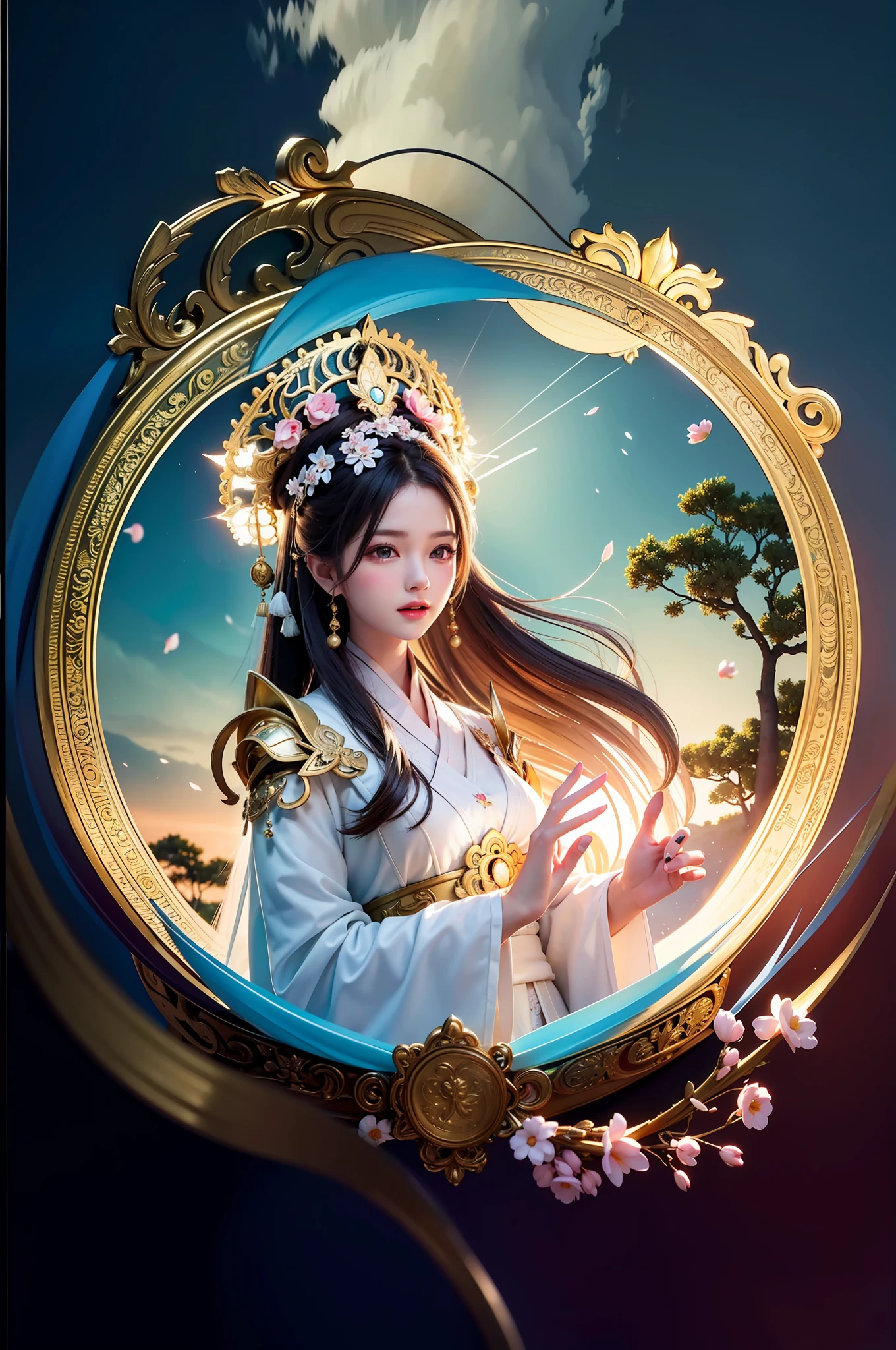 Zhong Fenghua, Girl with Rabbit Ears on Her Head, (Full Body: 1.5), Solo, Hanfu, Flower Field, Blossom, (White Smoke: 1.3) (Realistic:1.4), Zen Entanglement, Mandala, Entanglement, Official Art, Unity 8k wallpaper, super detailed, beautiful and beautiful, masterpiece, best quality, (dynamic angle: 1.4), glowing skin, (floating colorful flashes: 1) the most beautiful chaotic forms, elegance, brutalist design, bright colors, romantic depth of field,