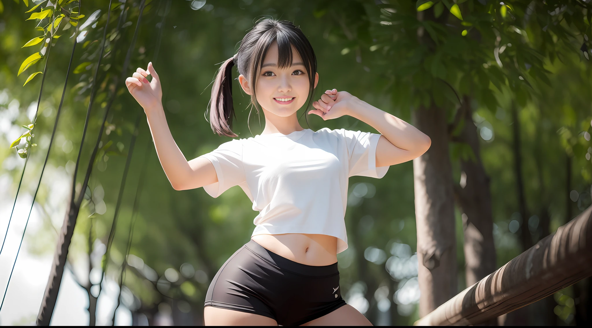japanese girl, sunlight, backlight, white tight t-shirt, black tight shorts, full body, one hand raised, white hair, smile, ray tracing, best quality, masterpiece, UHD, anatomically correct, textured skin, high detail