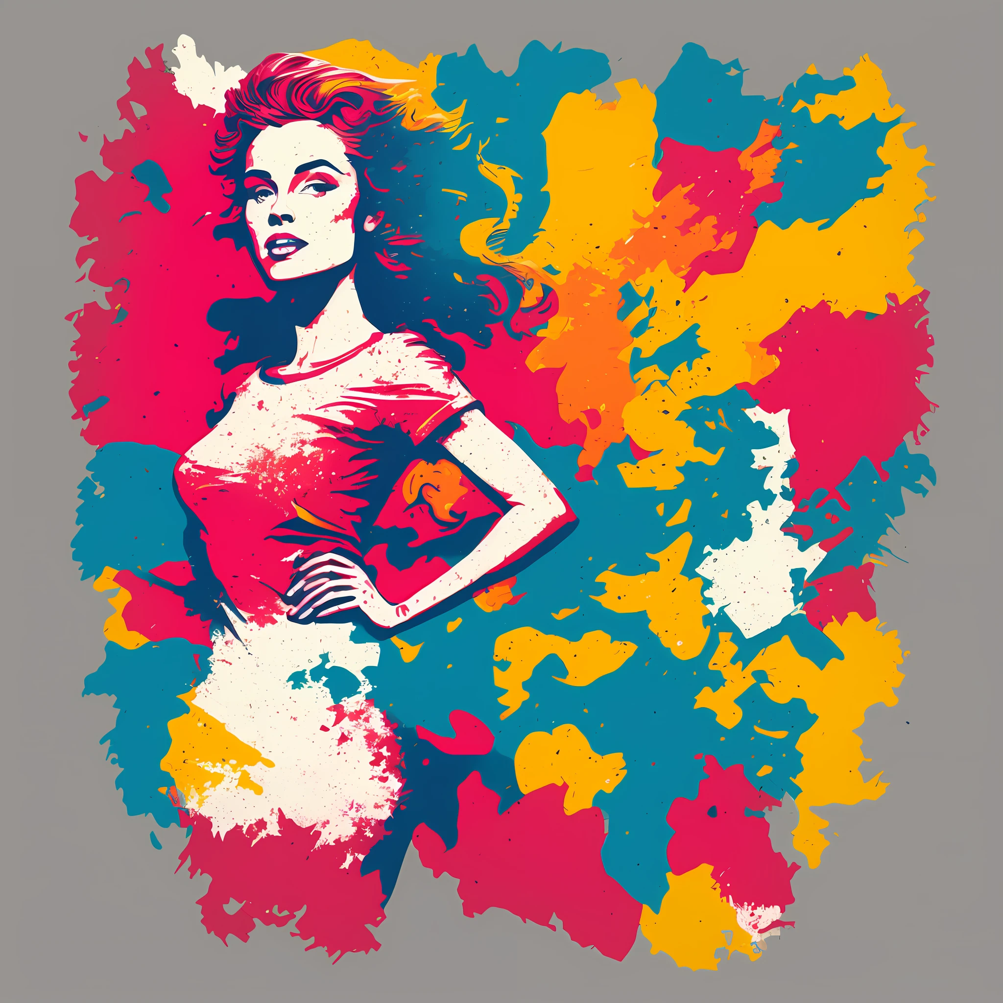 (a woman:1.2) , t-shirt logo in the style of tapered fine outline, andy warhol, pop art, orthographic view, art on (empty background:1.6)