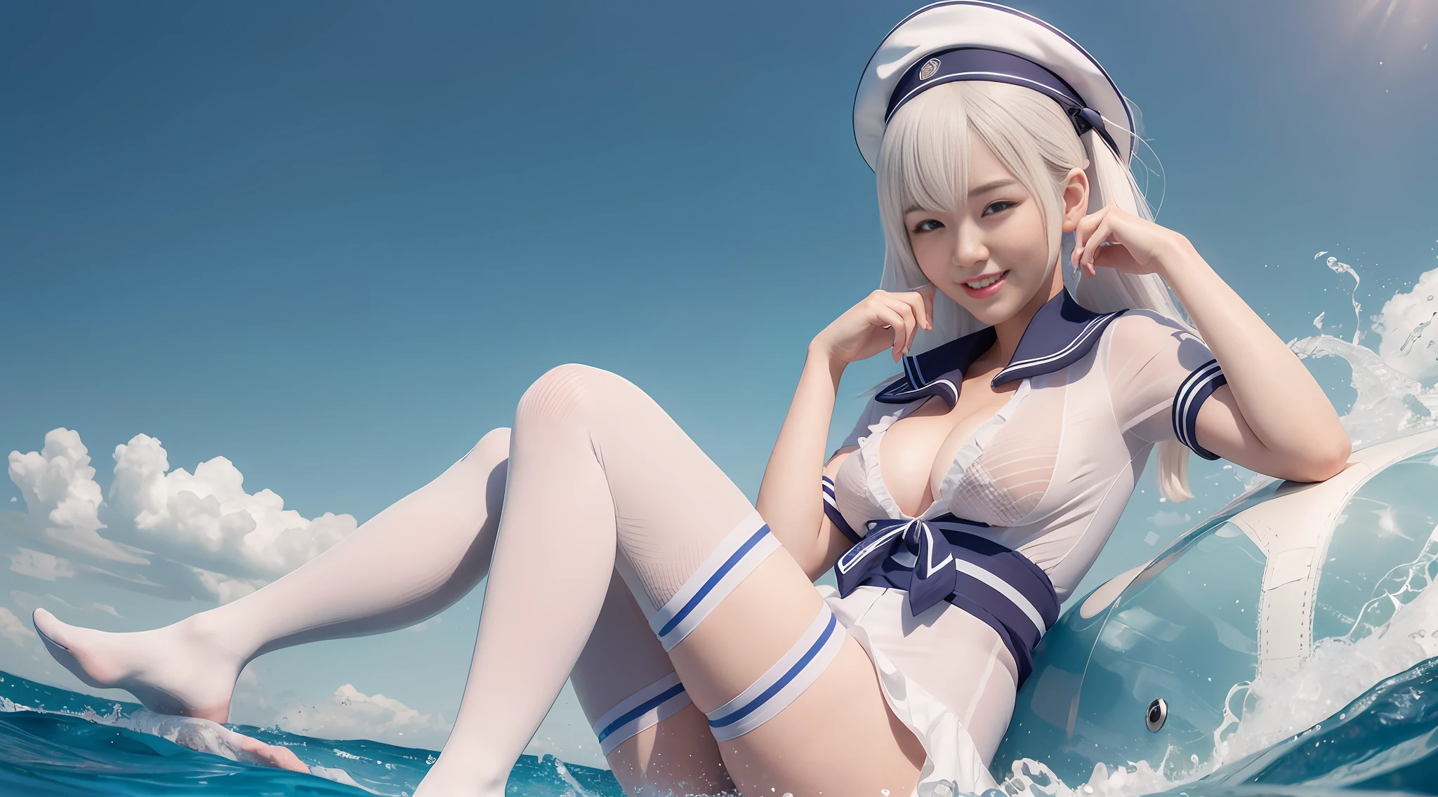 korean girl, sky, sea, medium breasts, white stockings, sailor suit, white hair, smile, ray tracing, best quality, masterpiece, UHD, anatomically correct, textured skin, high detail