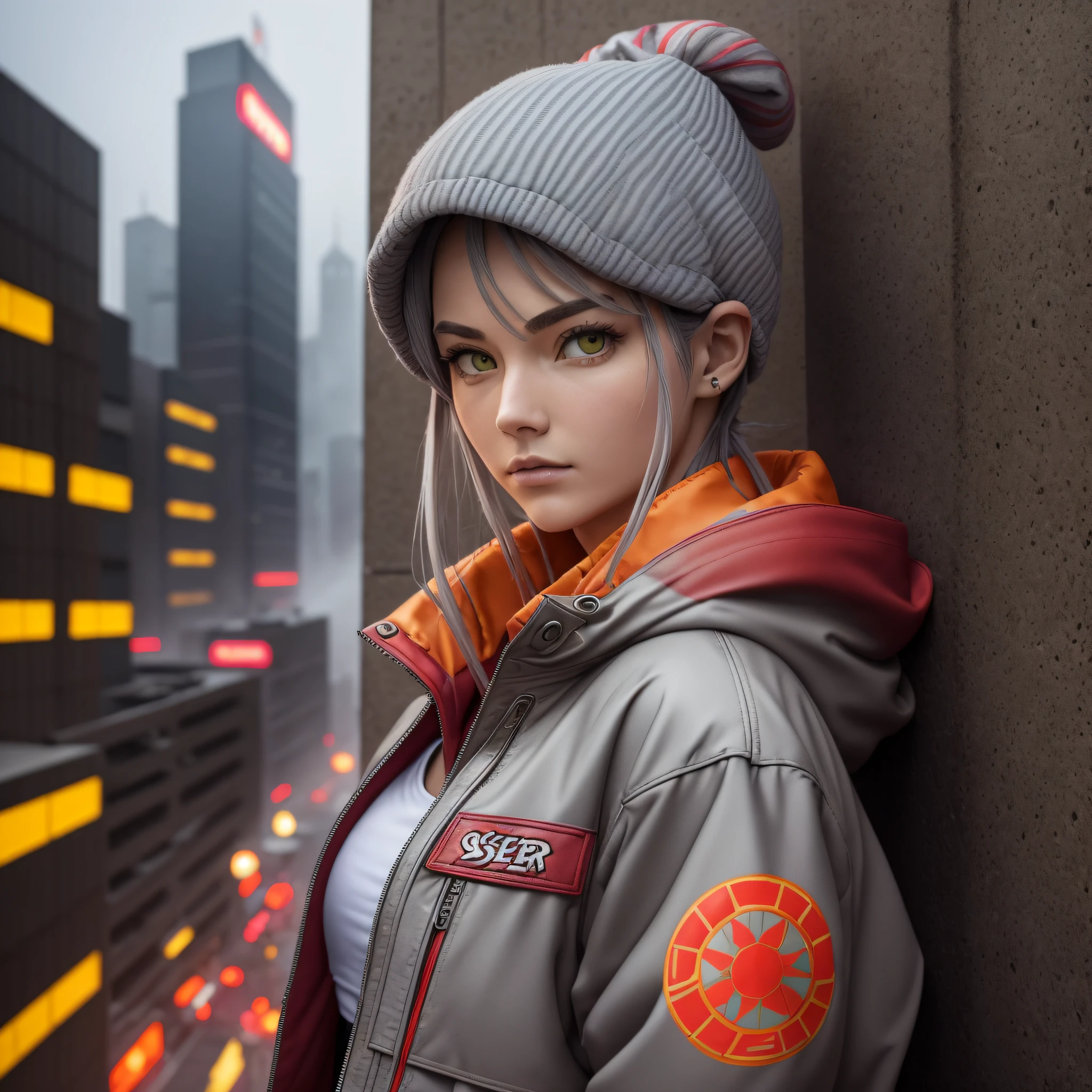 (masterpies, of the highest quality), (bright, grotesque style) (Foggy Seeker), on the back of the city-sky-fi, wears a warm jacket except for a red yellowish-gray jacket, the style is short and tight-fitting, the heroine looks into the distance.
