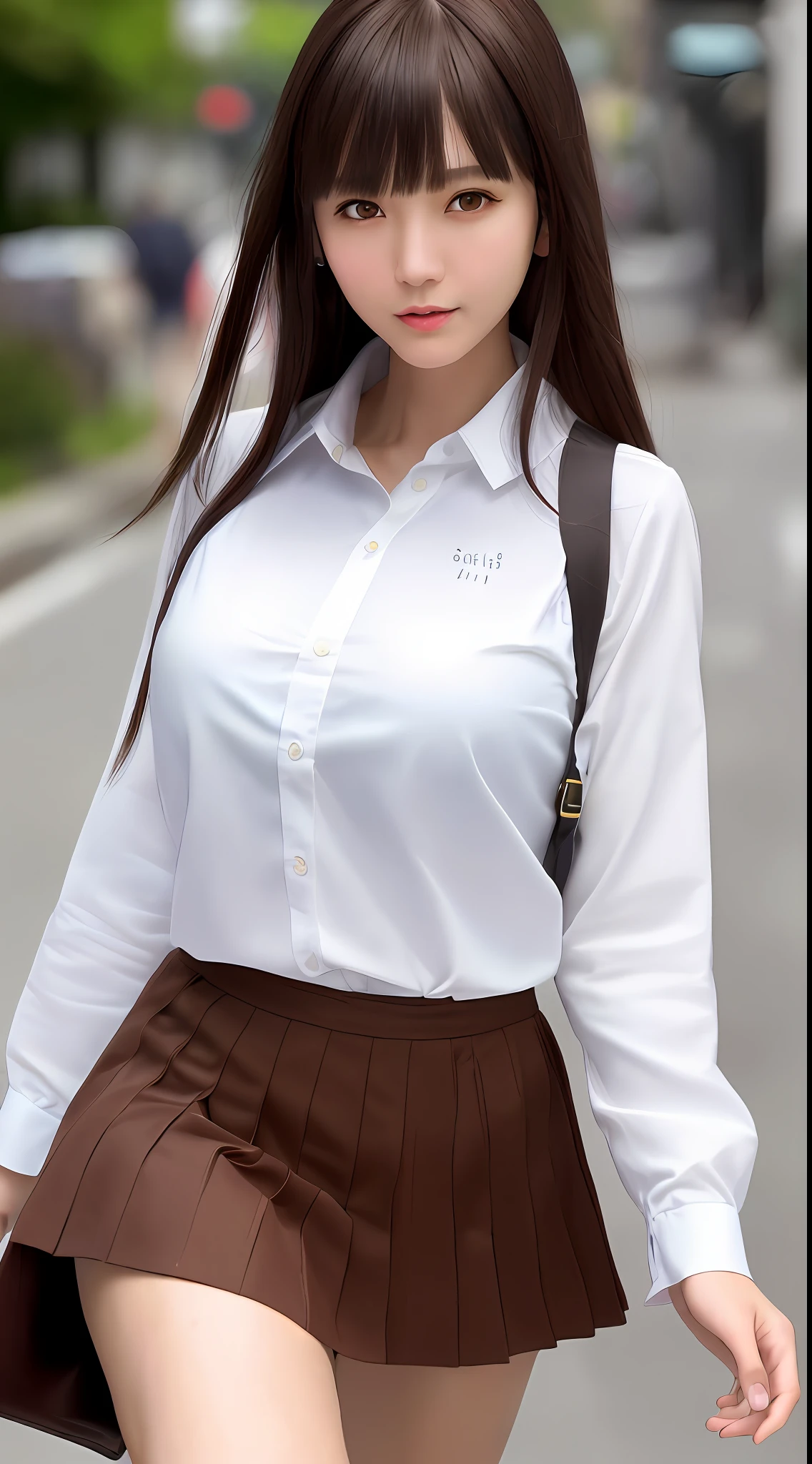 Best quality, super detail, masterpiece, fine detail, high resolution, portrait, 8k wallpaper, realistic details, clothing details, skin details, detailed eyes, photoshop \ (medium \), slim body, 1 girl, Japan people, 30 years old, beautiful eyes, bare skin, well-formed face, bangs, blunt bangs, huge, (pleasant look), mouth open, close-up, wearing a short skirt, white skin, Medium hair, brown hair, cutter shirt, walking on the street, hard breast, hair fluttering, ears visible
