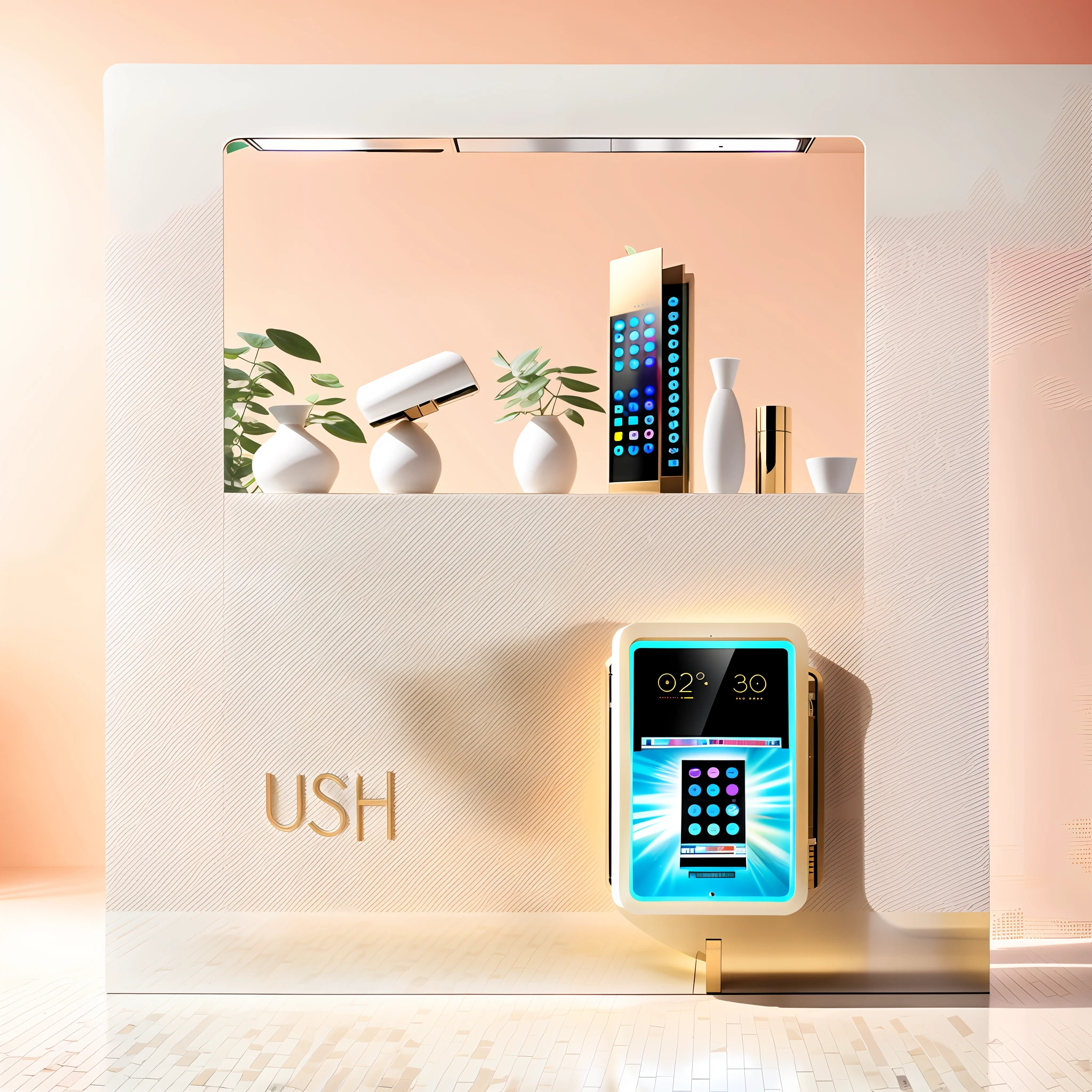 Automatic beauty product machine, panel centered, official product image, the upper large screen is the advertising screen, the front protruding small screen is the card machine, the body has the style of beauty, and the body appears reasonable elements with cosmetics