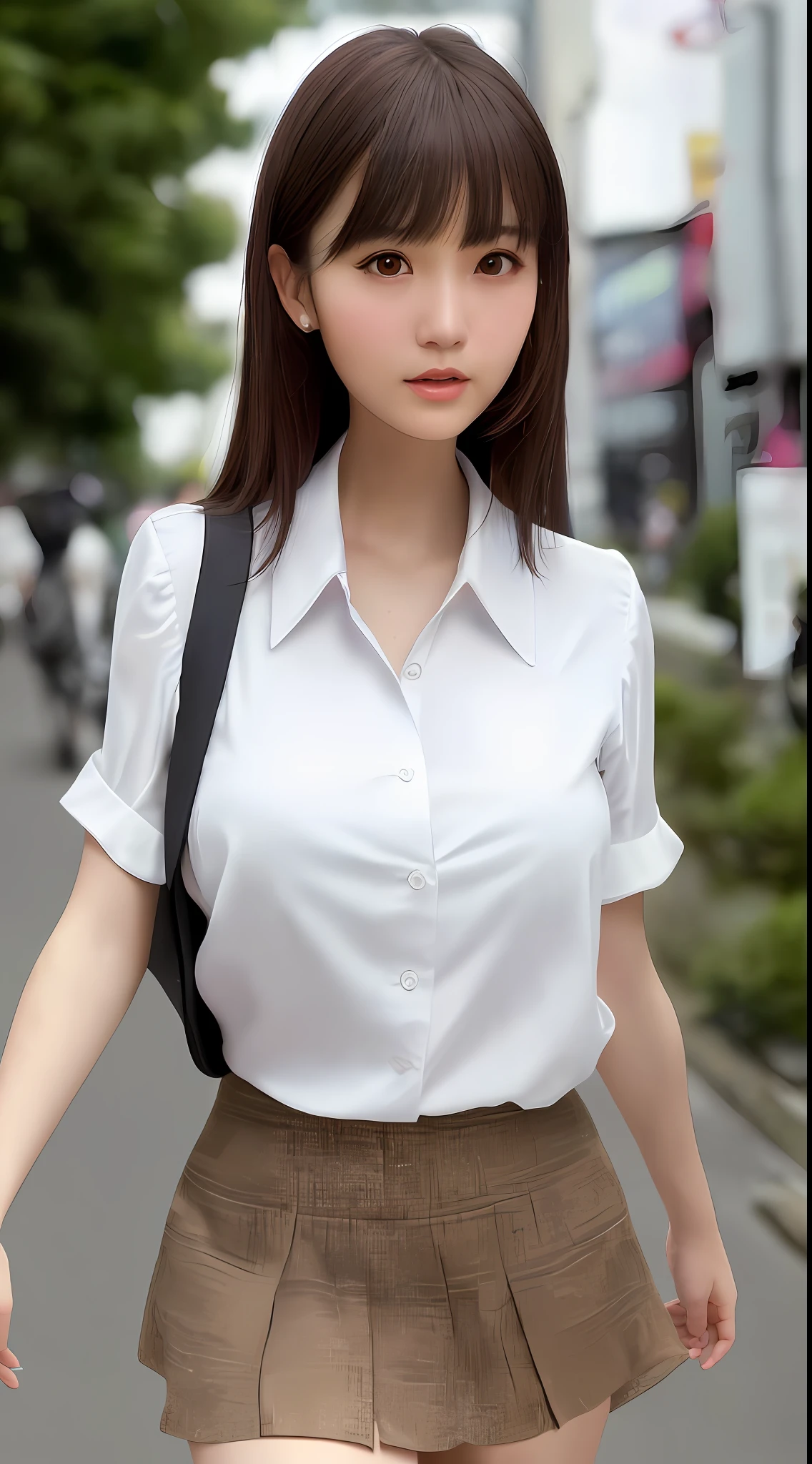 Best quality, super detail, masterpiece, fine detail, high resolution, portrait, 8k wallpaper, realistic details, clothing details, skin details, detailed eyes, photoshop \ (medium \), slim body, 1 girl, Japan people, 30 years old, beautiful eyes, bare skin, well-formed face, bangs, blunt bangs, huge, (pleasant look), mouth open, close-up, wearing a short skirt, white skin, Medium hair, brown hair, wearing a blouse, walking on the street, hard breasts, hair fluttering, ears visible