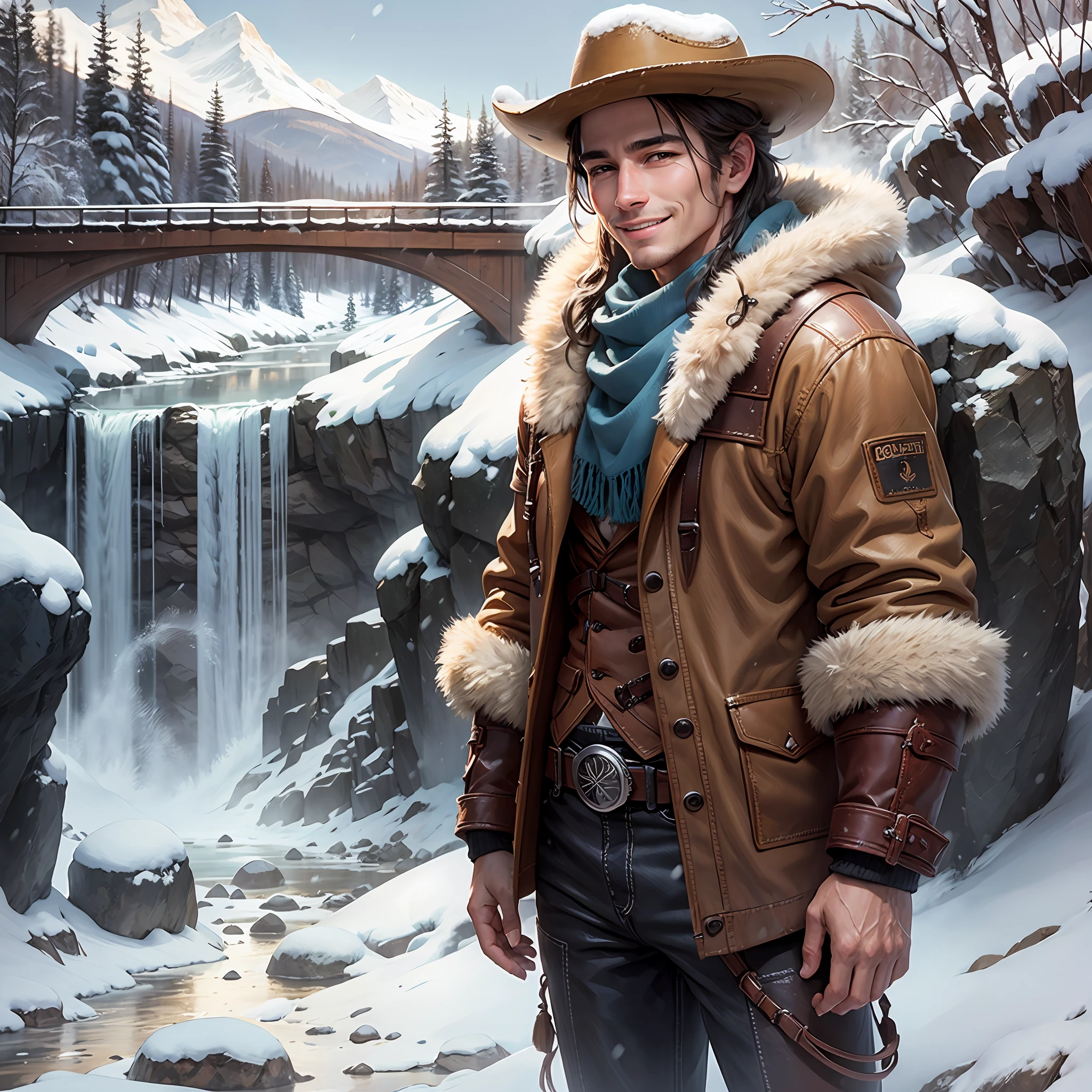 1 cowboy smiling at the waterfall, in the snow --auto --s2