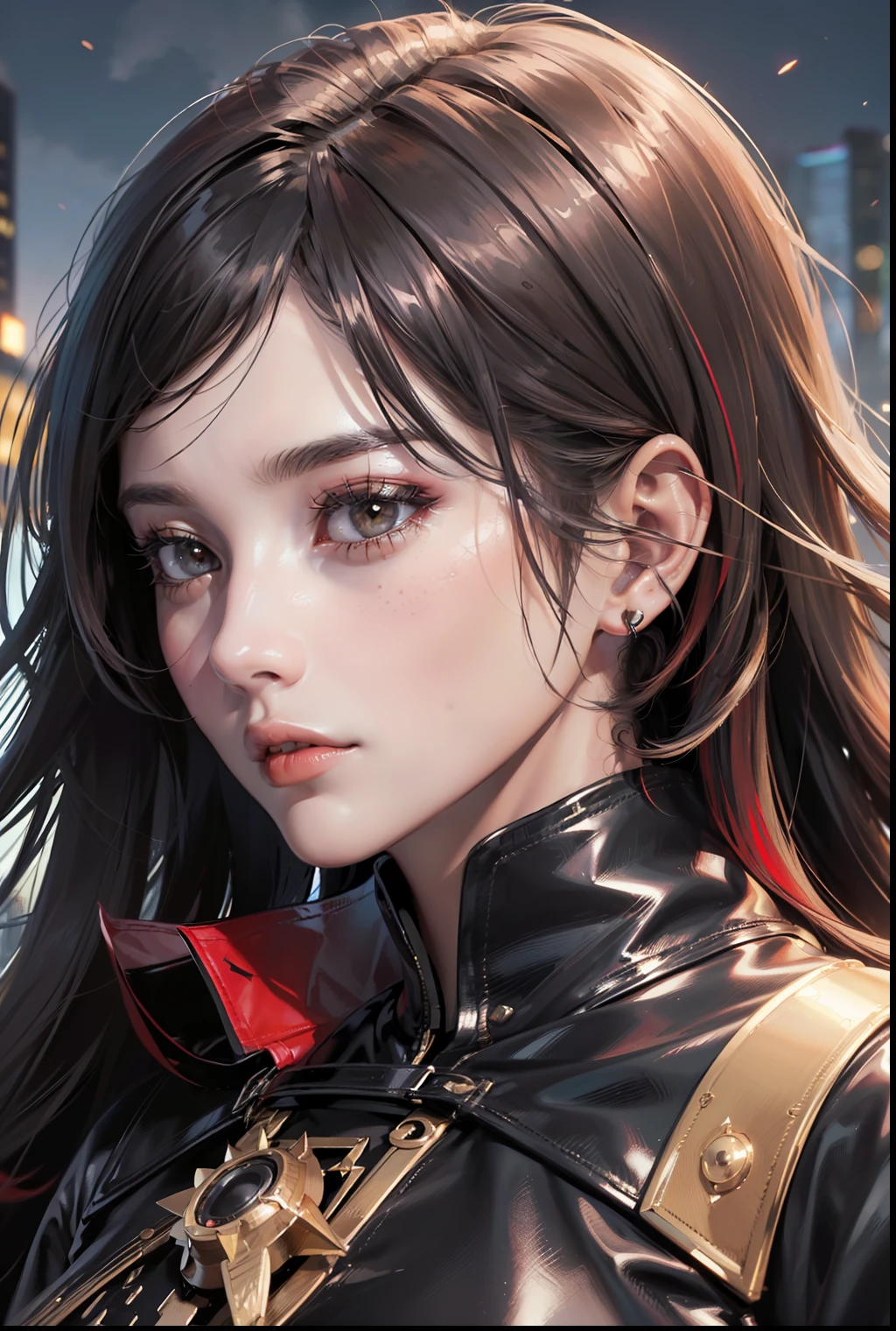 ((Best Quality:1.2, 8k,f/1.8,HDR, Sharp Focus:1.2, photo realistic:1.4, Masterpiece, depth:1.2, super fine :1.2, Ultimate 1Girl, Highly Detailed Facial Textures, detailed beauty makeup: 1.4, realistic skin, detailed eyes, detailed bangs)), (shining gold leather jacket), (leather pants), (headphones), (holding weapon), absurdity, (night city background), (dark clouds), (backlight), ((black and red two-tone asymmetrical short hair:1.2)), ((glaring)) , (big breasts), (mans surrounding girls: 1.4), (small chest tattoo), from above