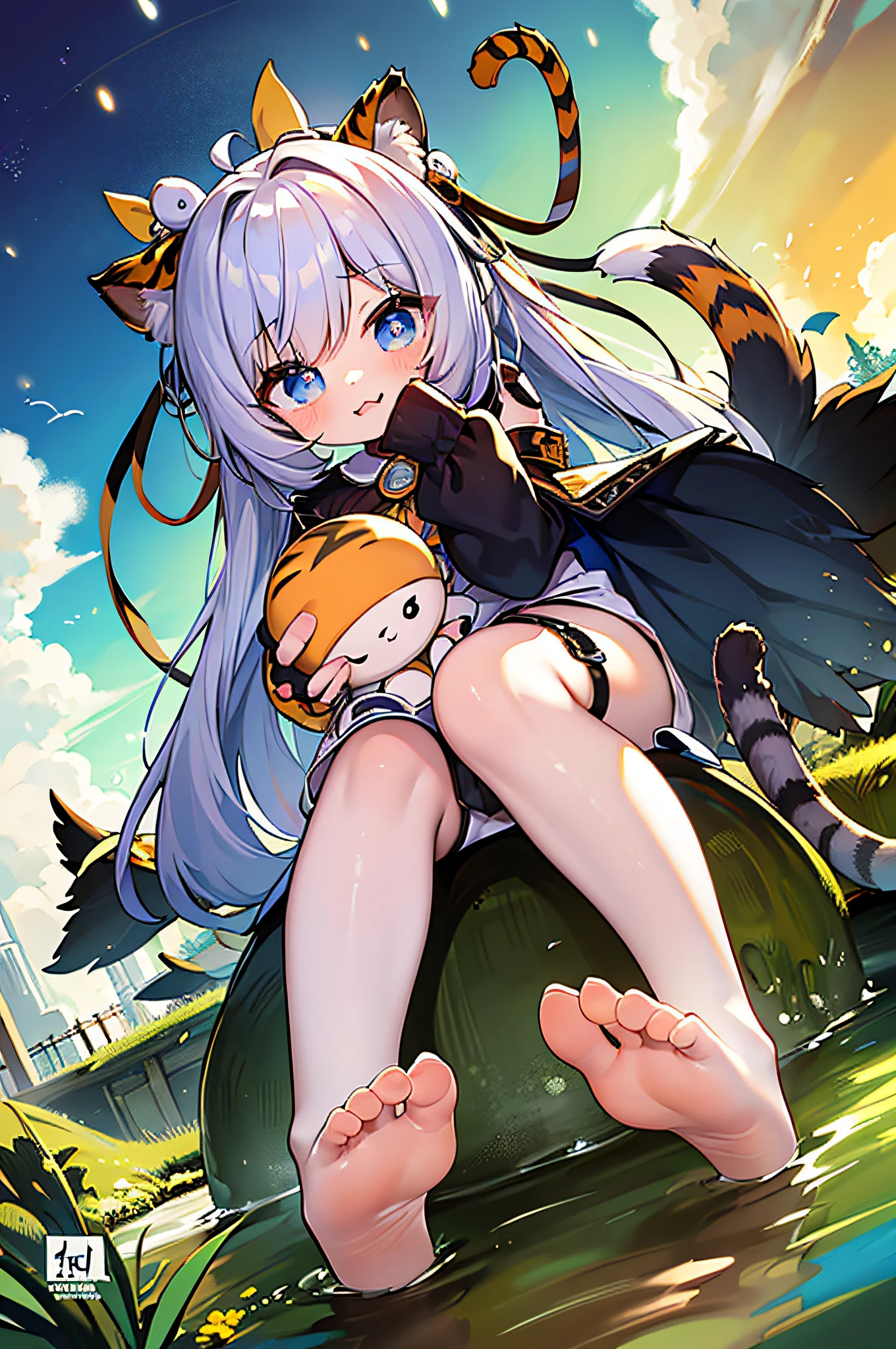 best quality, (cute:1.1),(cute),(high resolution:1.2),incredibly fine illustrations,cute girl,fluffy girl,furry girl,best quality,high definition,,woman,girl,best quality,tail,(((li))), tiger-eared girl, small, young body, evening darkness, soles,no shoes,pov feet, barefoot, {{{sole}}}}, {{{ looking down at viewer}}},