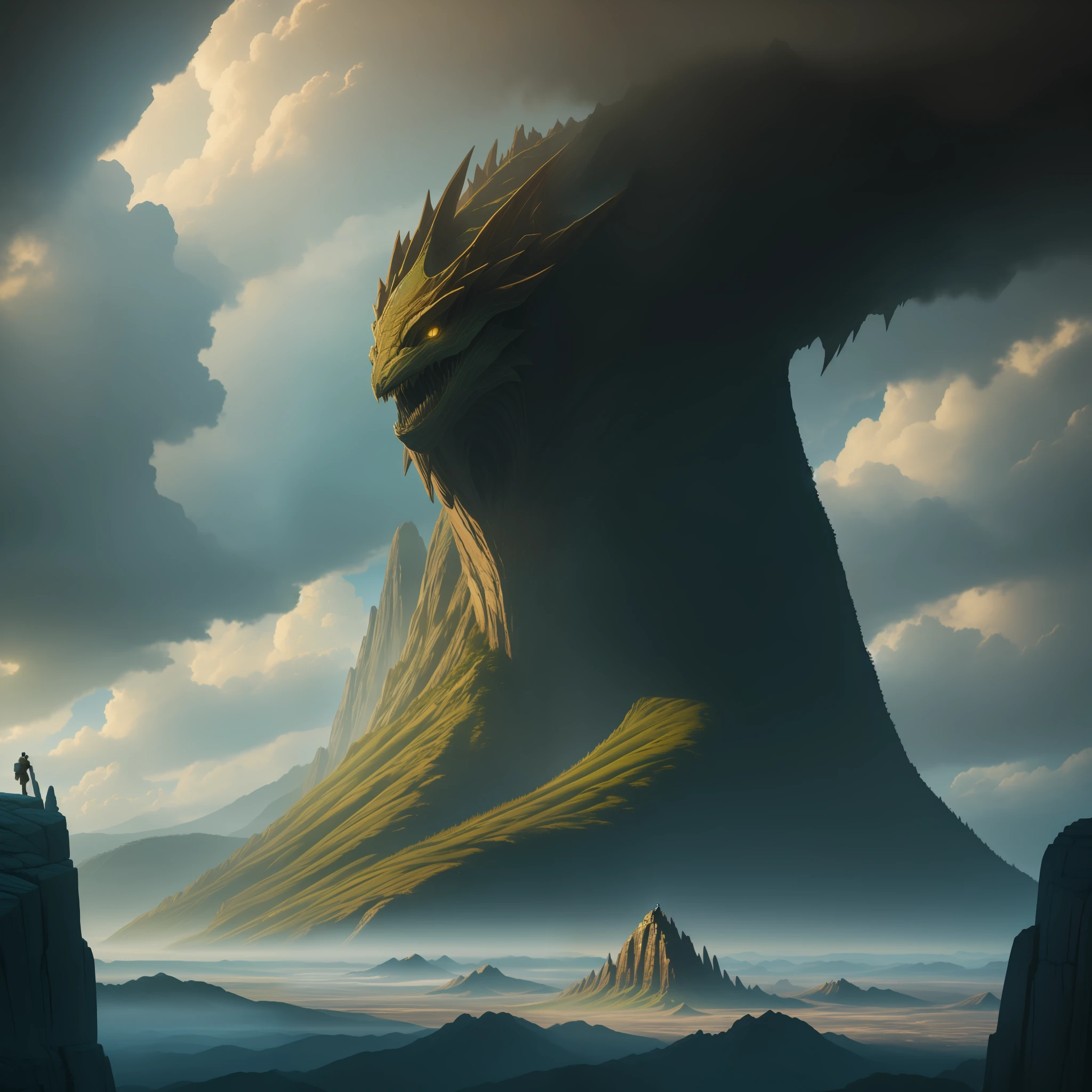 A highly detailed matte painting depicting a man on a mountain looking at a giant alien monster, by Makoto Shinkai, by Artgerm, by WLOP, by Greg Rutkowski, volumetric lighting, octane rendering, 4K resolution, popular on Artstation, masterpiece