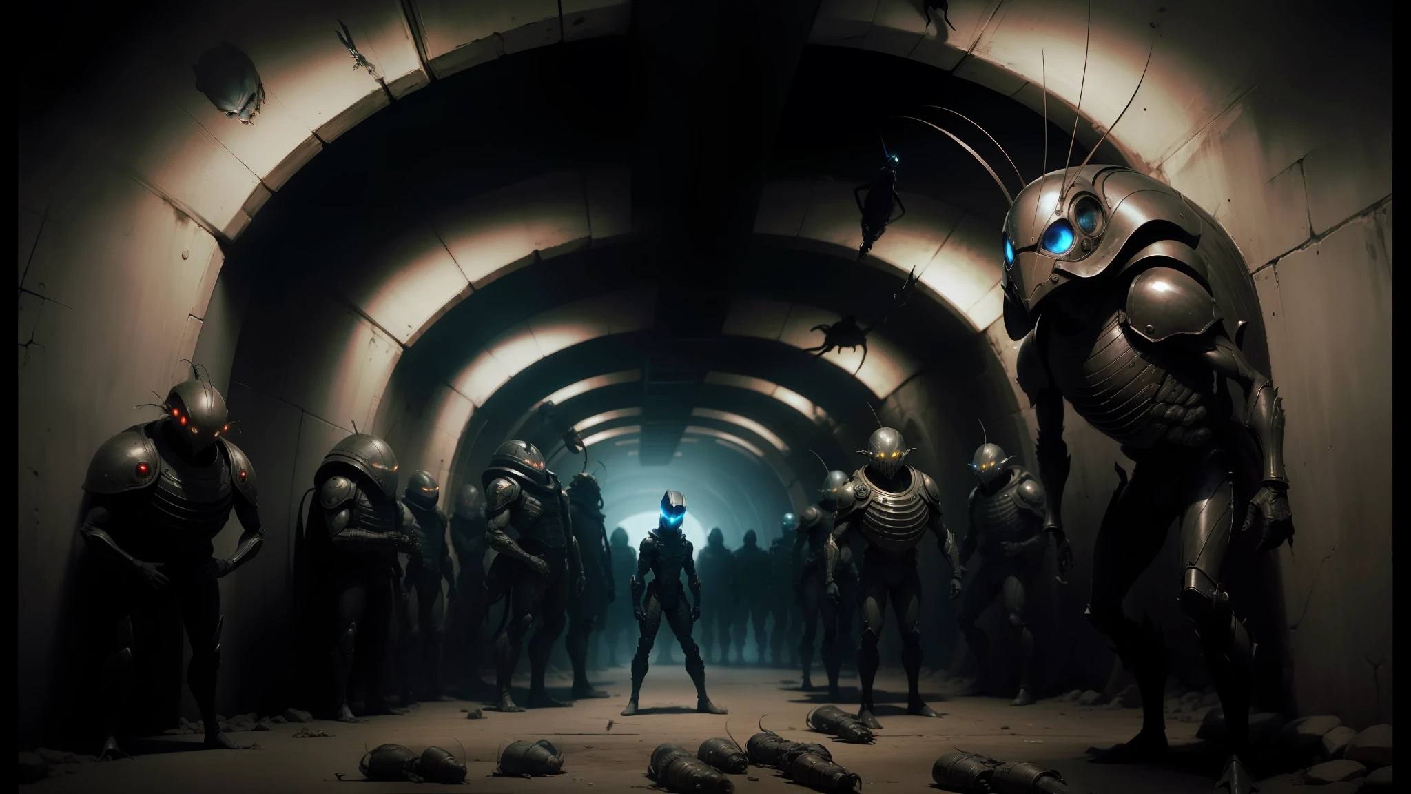 arafed scene of a group of alien men in a tunnel, still from alita, cockroach character, by Matteo Pérez, viktor orban, dark hallway, huge armies, by Benito Quinquela Martín, promotional images, squidlike aliens, by František Jakub Prokyš --auto --s2