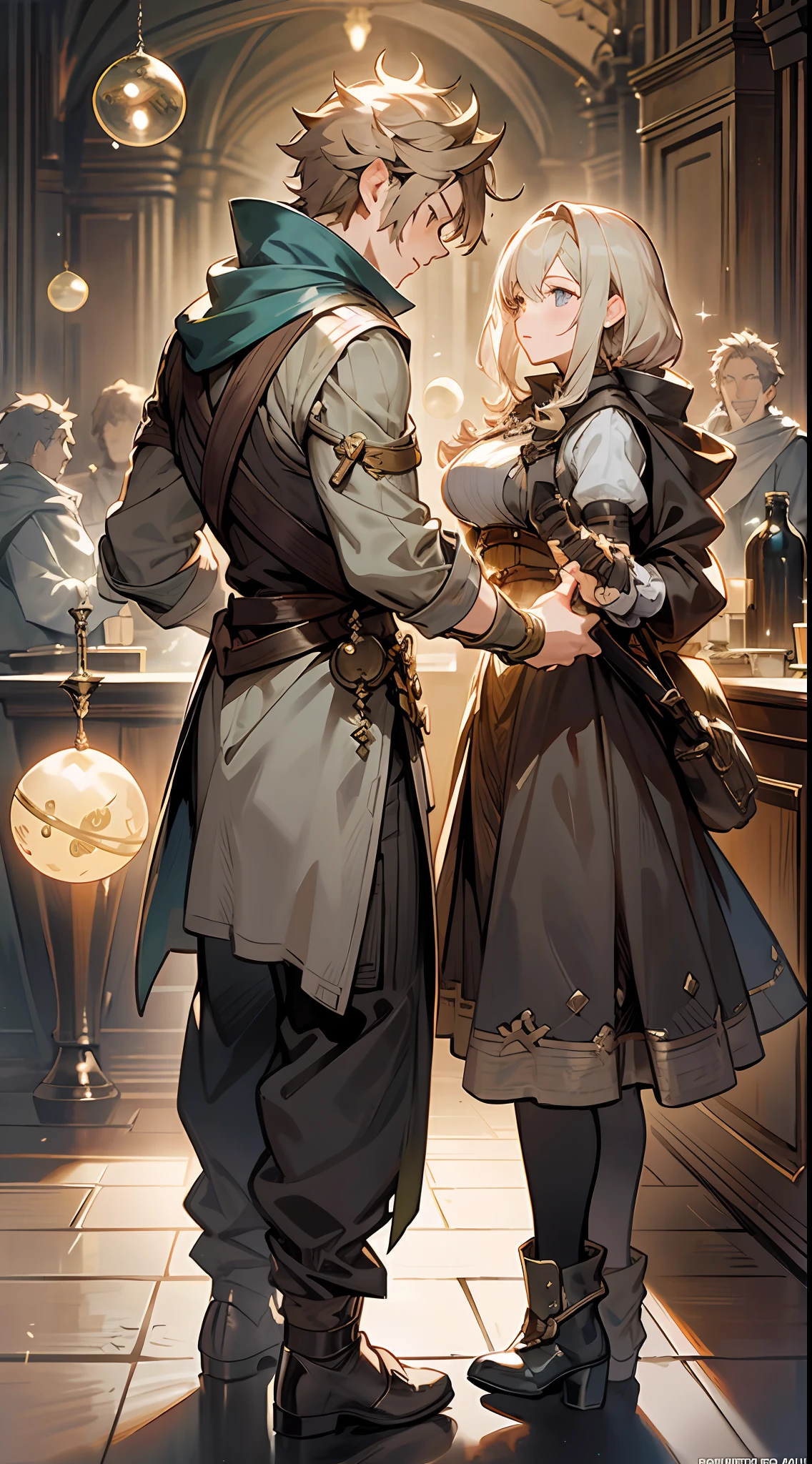 a couple of anime characters standing next to each other, octopath traveler, romance book cover, boris valejo. octopath traveler, octopath traveller style, hands holding big glowing orbs, artbook artwork, full art illustration, official art, official artwork hdr, promotional art, character album cover, light novel cover art, official artwork, romance novel cover