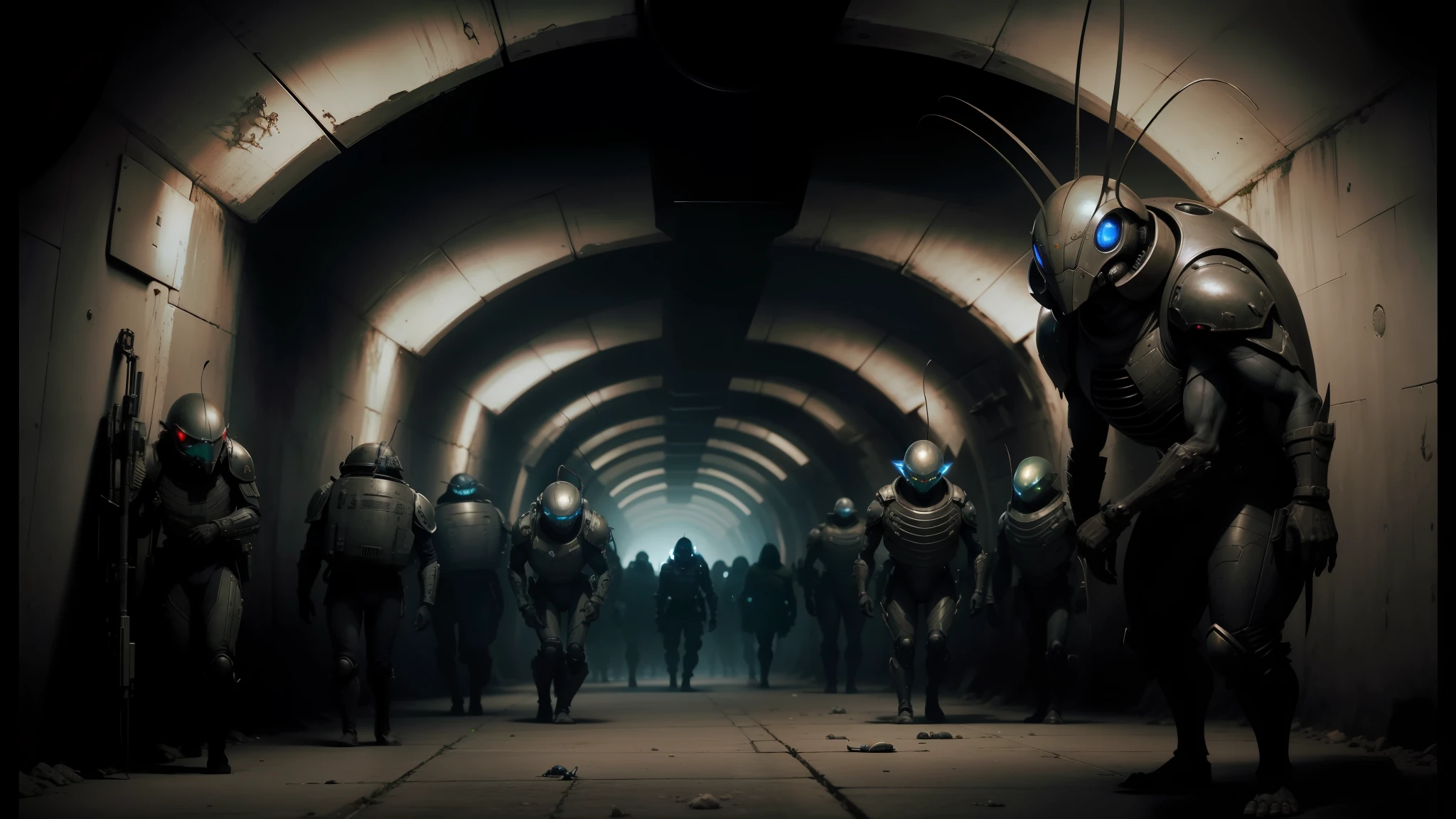 arafed scene of a group of alien men in a tunnel, still from alita, cockroach character, by Matteo Pérez, viktor orban, dark hallway, huge armies, by Benito Quinquela Martín, promotional images, squidlike aliens, by František Jakub Prokyš --auto --s2