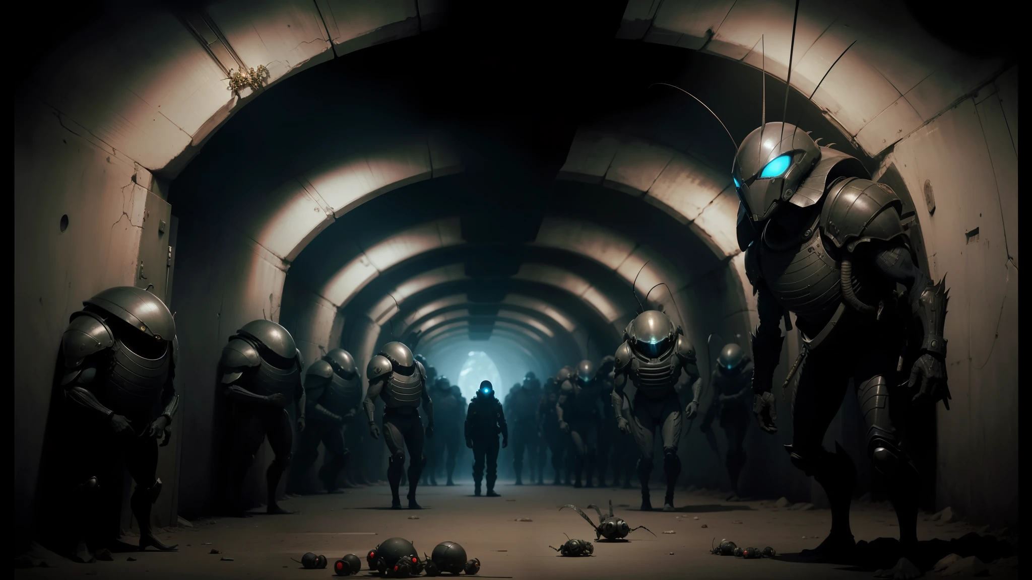 arafed scene of a group of alien men in a tunnel, still from alita, cockroach character, by Matteo Pérez, viktor orban, dark hallway, huge armies, by Benito Quinquela Martín, promotional images, squidlike aliens, by František Jakub Prokyš --auto --s2