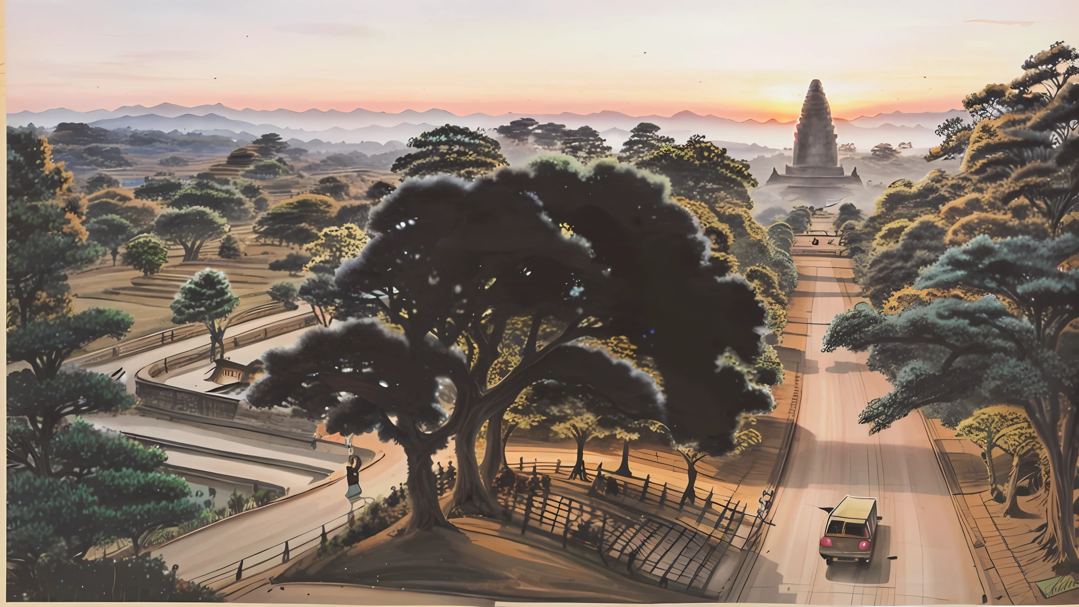 draw pagan pagoda images in myanmar include sunset,street,people,forest