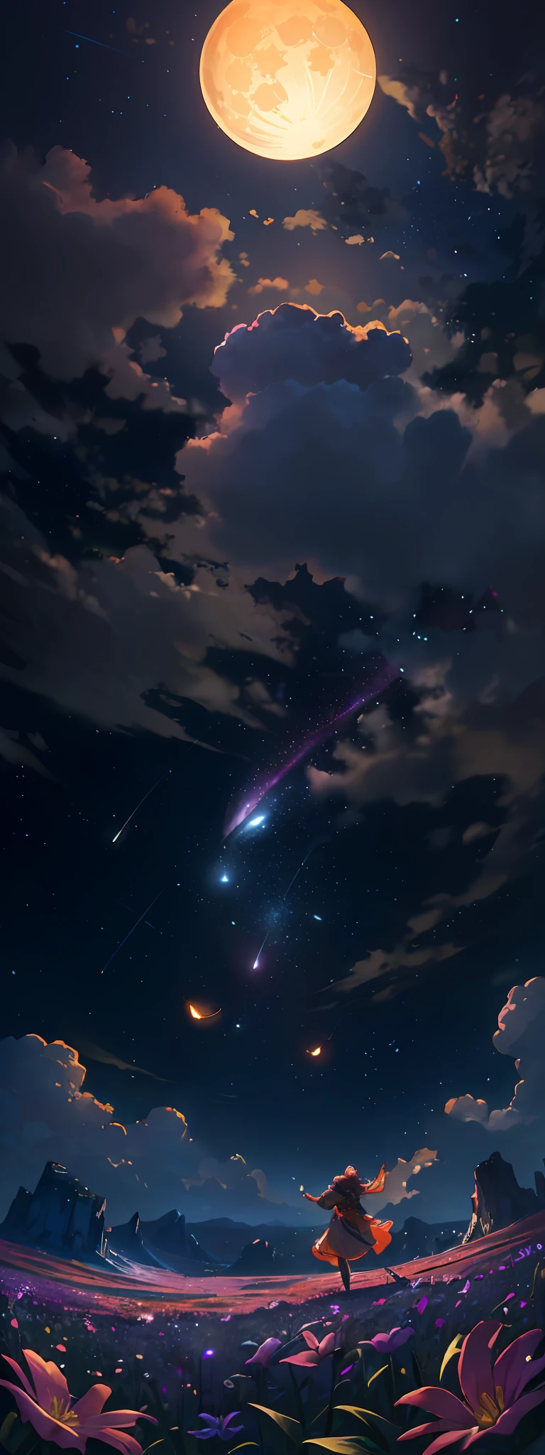 Vast landscape photo, (viewed from below, the sky is above and the open field is below), a girl standing on a flower field looking up, (full moon: 1.2), (meteor: 0.9), (nebula: 1.3), distant mountains , Trees BREAK Crafting Art, (Warm Light: 1.2), (Fireflies: 1.2), Lights, Lots of Purple and Orange, Intricate Details, Volumetric Lighting, Realism BREAK (Masterpiece: 1.2), (Best Quality), 4k, Ultra-Detailed, (Dynamic Composition: 1.4), Very Detailed, Colorful Details, (Rainbow Colors: 1.2), (Glow Lighting, Atmospheric Lighting), Dreamy, Magical, (Solo: 1.2)