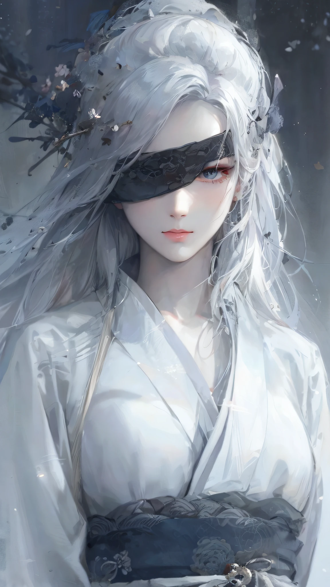 a close up of a woman with white hair and a white mask, beautiful character painting, guweiz, artwork in the style of guweiz, white haired deity, by Yang J, epic exquisite character art, stunning character art, by Fan Qi, by Wuzhun Shifan, guweiz on pixiv artstation