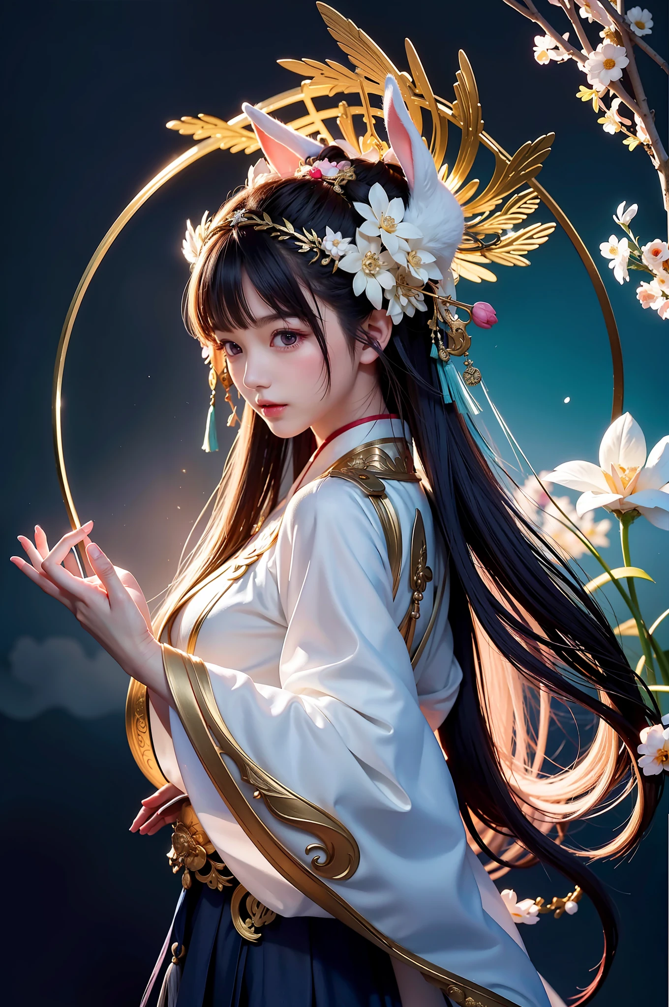 Zhong Fenghua, 1 girl, (full body: 1.5), with rabbit ears on the head, solo, hanfu, flower field, blossom, (white smoke: 1.3) (realistic: 1.4), zen entanglement, mandala, entanglement, official art, Unity 8k wallpaper, super detailed, beautiful and beautiful, masterpiece, best quality, (dynamic angle: 1.4), glowing skin, (floating colorful flashes: 1) the most beautiful chaotic forms, elegant, brutalist design, bright colors, romantic depth of field, Holding a cute rabbit