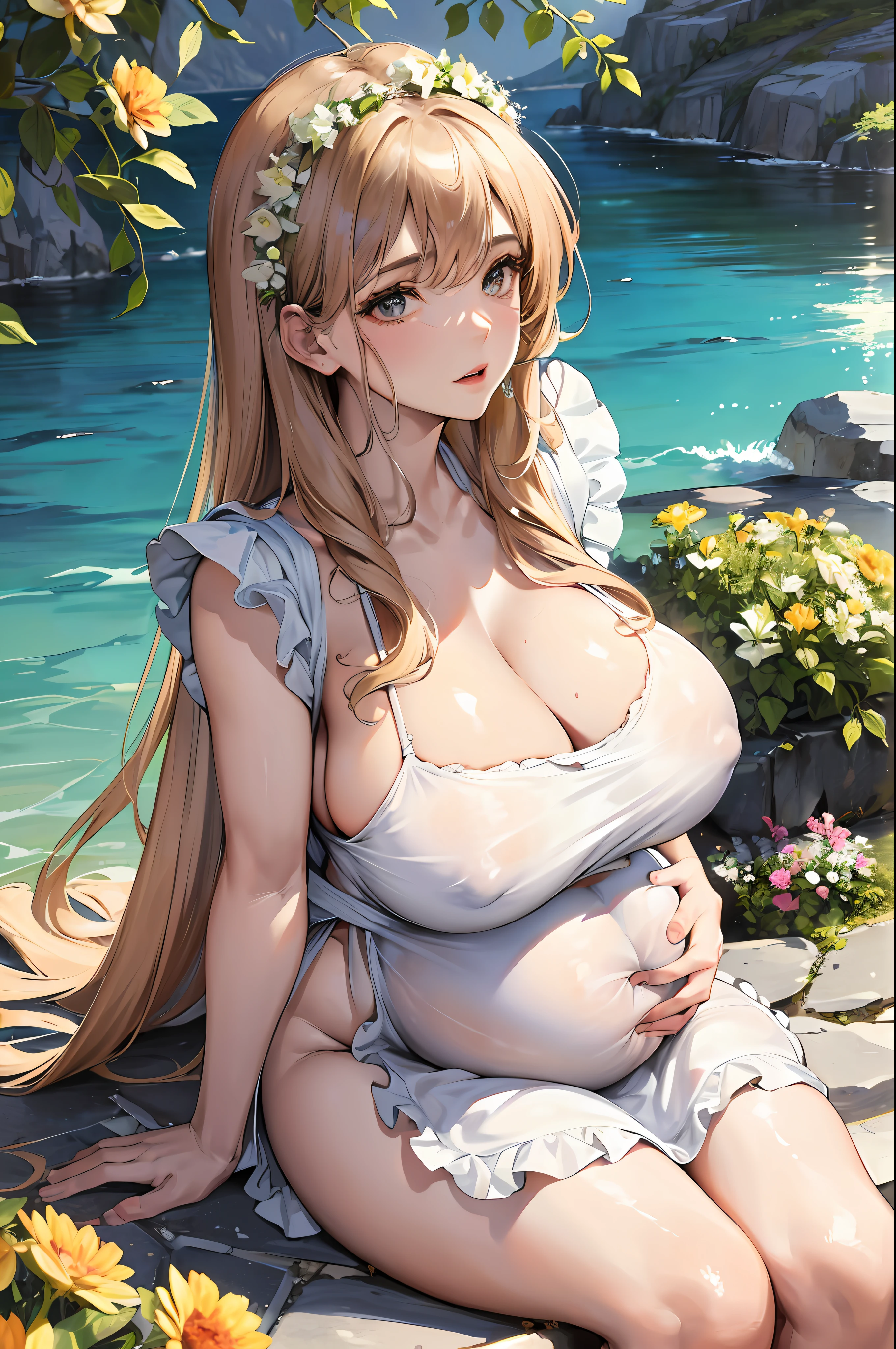 Mother Earth, (Mother God), Greek God, Masterpiece, Best Quality, Ultra Detailed, Illustration, (Super Detailed Face), ((Best Face)), Clear Texture, Nuanced Texture, Vivid Alpine Background, Ultra HD Detail, Excellent Image Expression, 50 Years Old, ((1married Woman)), (Super Boobs)), Greek Style, Greek, Belly button, Seductive cleavage, ((Mother)), Mom, ((Pregnant)), Gentle, Brown curls, (flesh legs), (super plump), (open legs), (nude apron), white stockings, intricate details