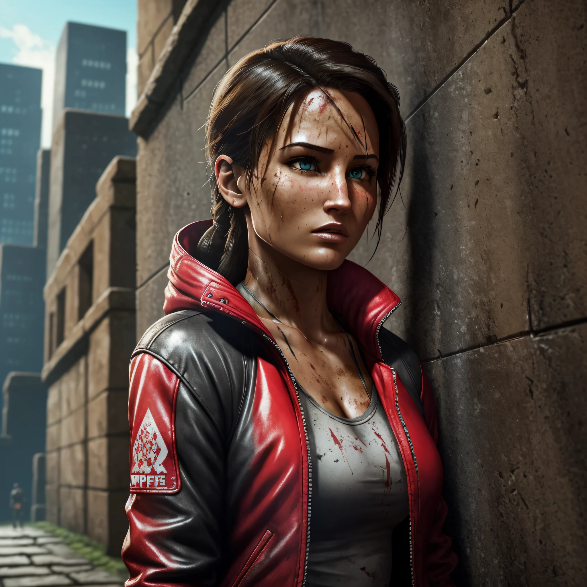(masterpies, of the highest quality), (bright, grotesque style) (Tomb Raider), on the back of the city-sky-fi, wears a warm jacket except for a red yellowish-gray jacket, the style is short and tight-fitting, the heroine looks into the distance.