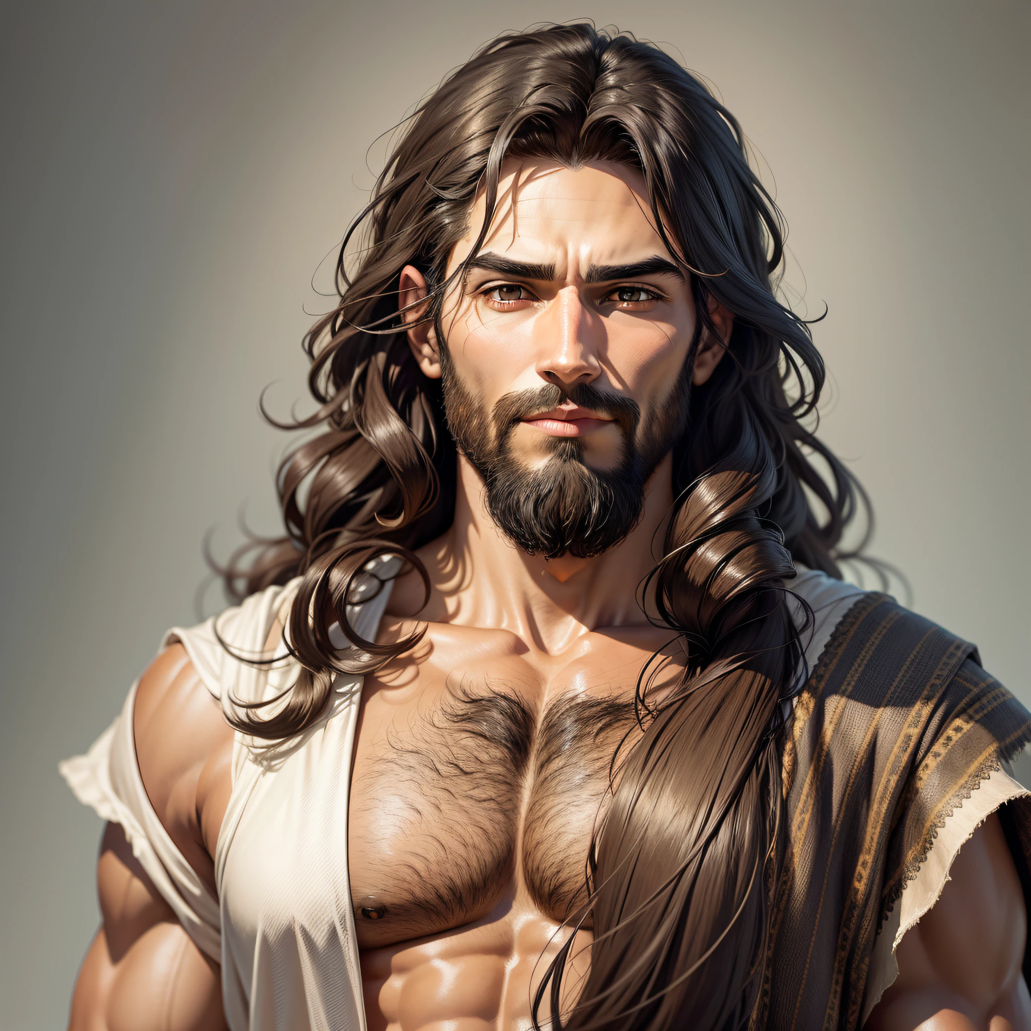 Height: Jesus was approximately 1.80 meters tall., Weight: He had a weight proportional to his height, with a robust and healthy physical constitution., Eye color: His eyes were of a dark brown hue., Hair color: His hair was dark brown and curly, with an average length., Beard: Jesus had a well-groomed and trimmed beard., Tez: His skin had an olive-tan hue, typical of the inhabitants of the region., Face: He had an expressive face, with strong and well-defined features., anatomically correct, high details, high quality, 4K