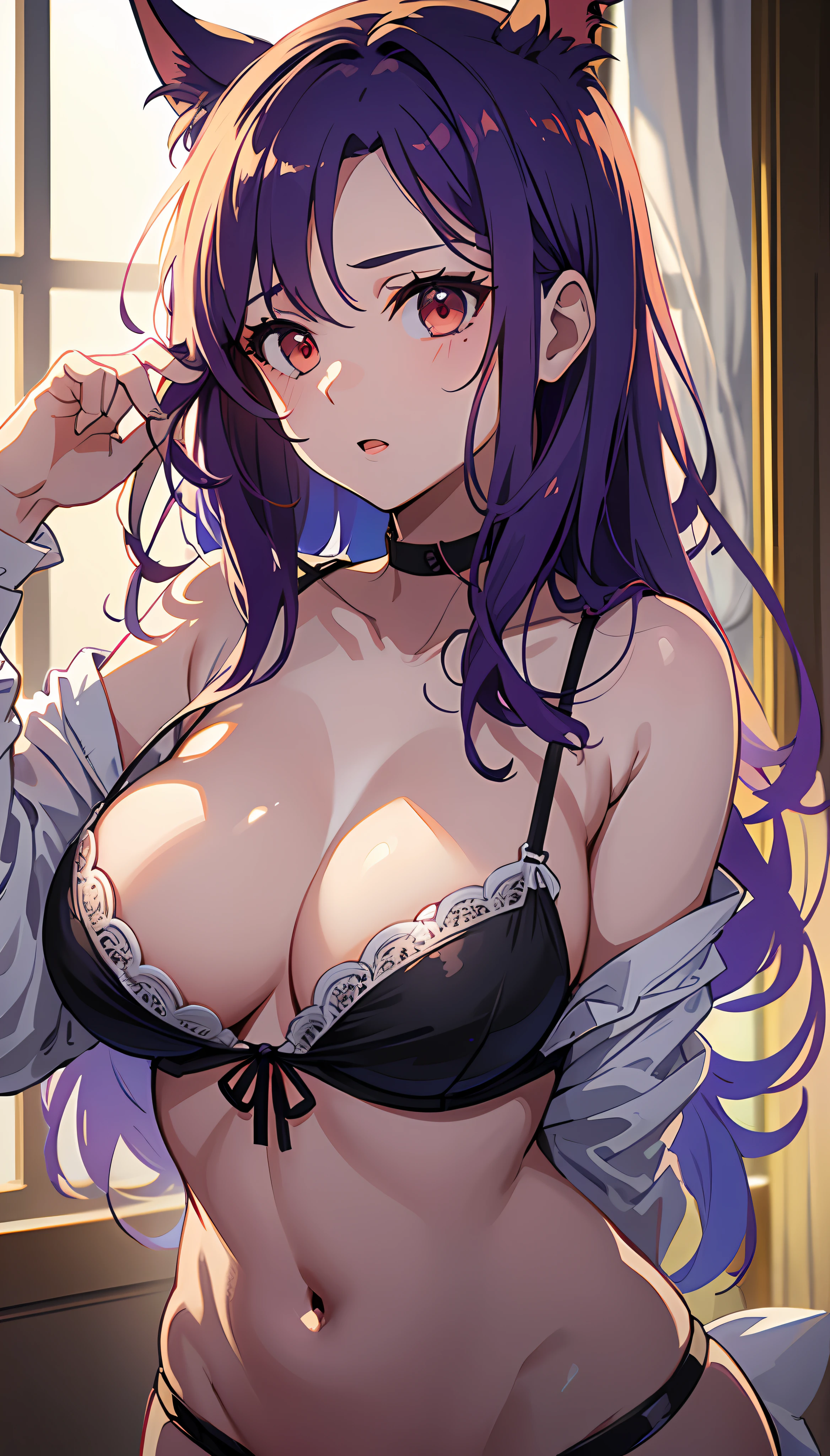 ((Masterpiece), (Best Quality))
(super detailed), (disheveled hair), big, cute clothes, taking off clothes, underwear, bust up,
(Twilight, (Dramatic Lighting)), (Soft Focus)
(vivid colors), (mysterious atmosphere)