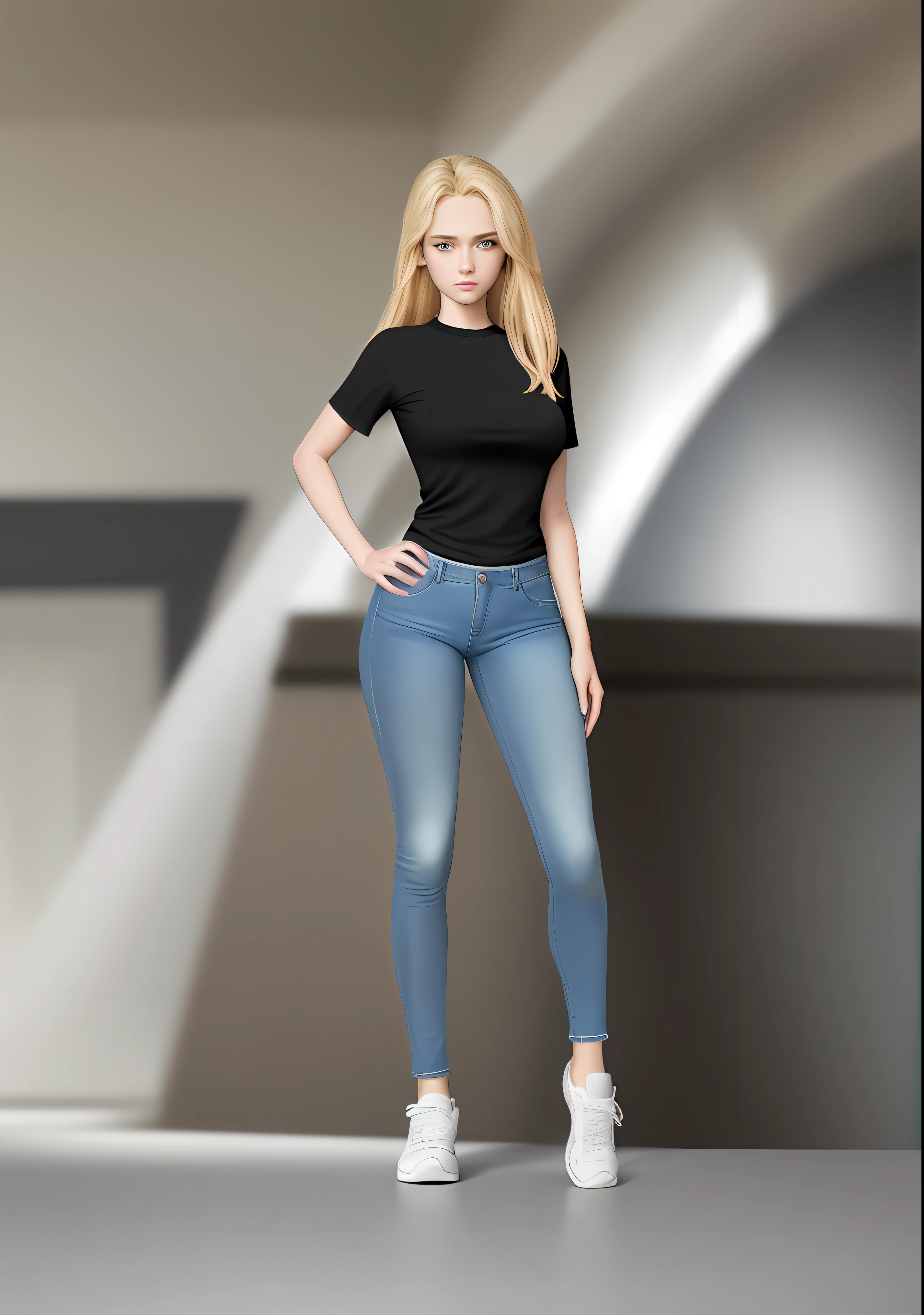 masterpiece, best quality, 4k, blonde girl, delicate face, 15, with a black top and blue pants, (wearing jeans), blue sneakers, realistic shaded perfect body, full body details, hand on hips, full body close-up shot, highly detailed whole body, waist-shot, shaded cel: 15, realistic SFW proportions.