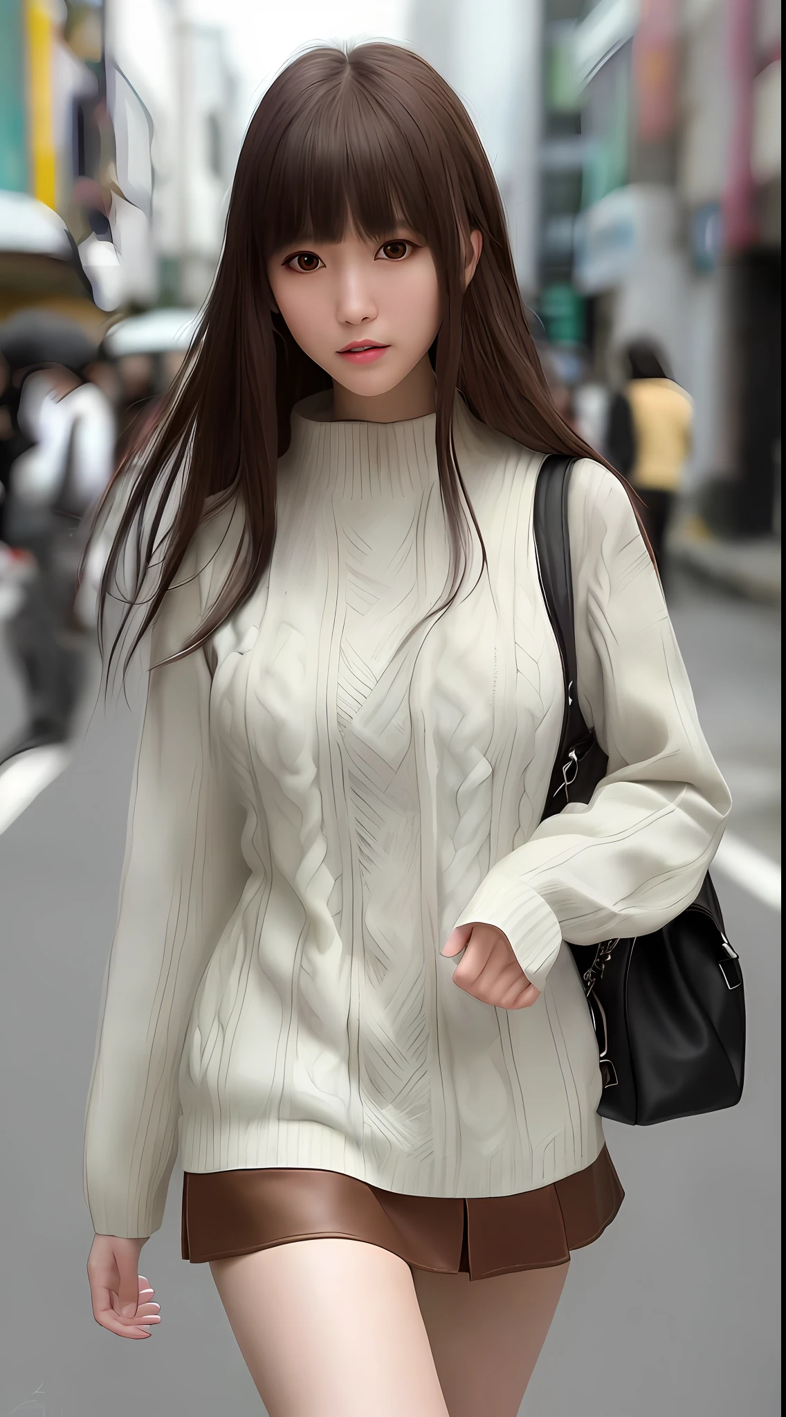 Best quality, super detail, masterpiece, fine detail, high resolution, portrait, 8k wallpaper, realistic details, clothing details, skin details, detailed eyes, photoshop \ (medium \), slim body, 1 girl, Japan people, 30 years old, beautiful eyes, bare skin, well-formed face, bangs, blunt bangs, huge, (pleasant look), mouth open, close-up, wearing a short skirt, white skin, Long hair, brown hair, wearing a sweater, walking on the street, hard breasts, hair fluttering, ears visible