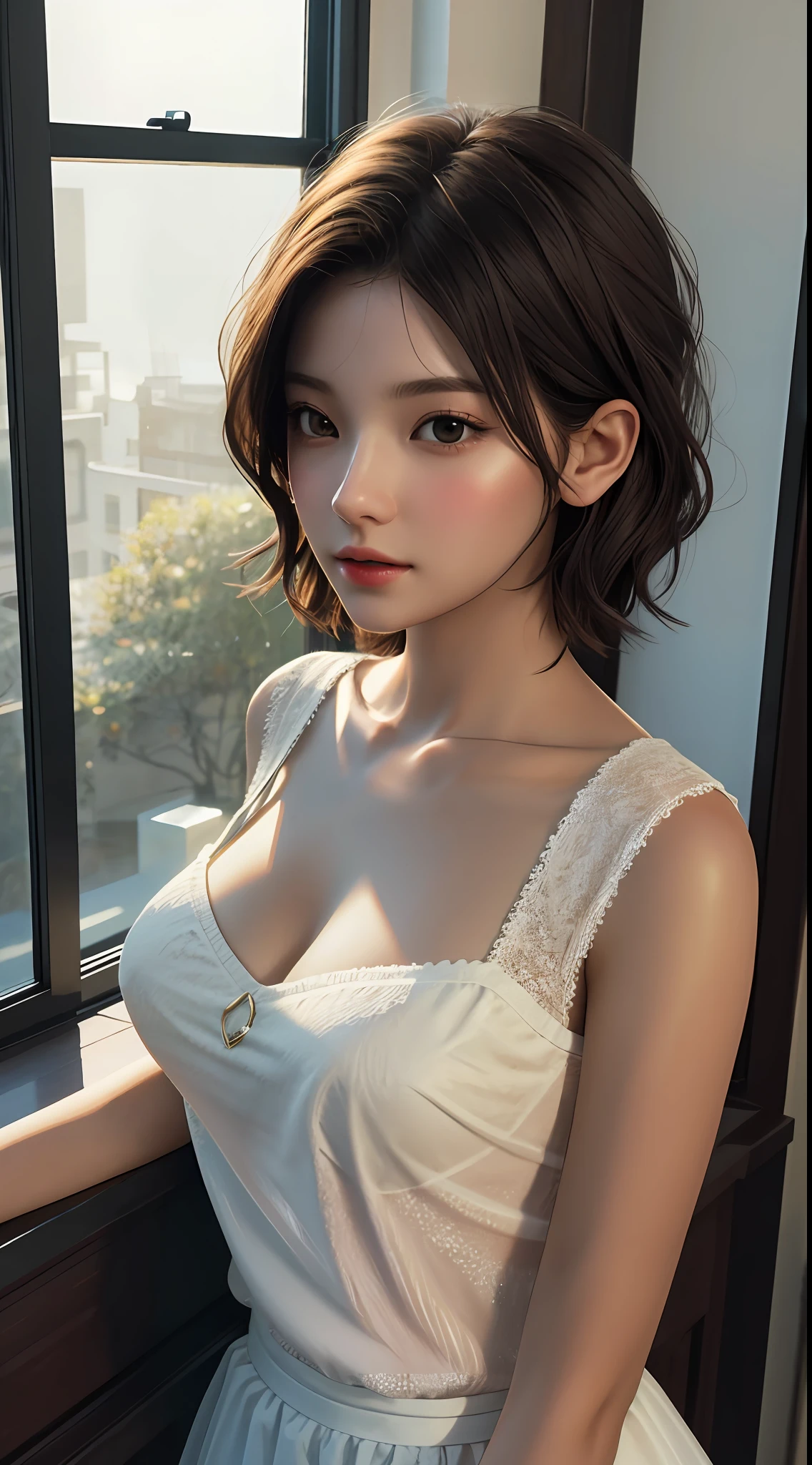 girl, single, top quality, upper body, beautiful, pretty, radiant, room, warm, window front, short hair, masterpiece, ultra-clear, realistic, ray tracing, big tits,