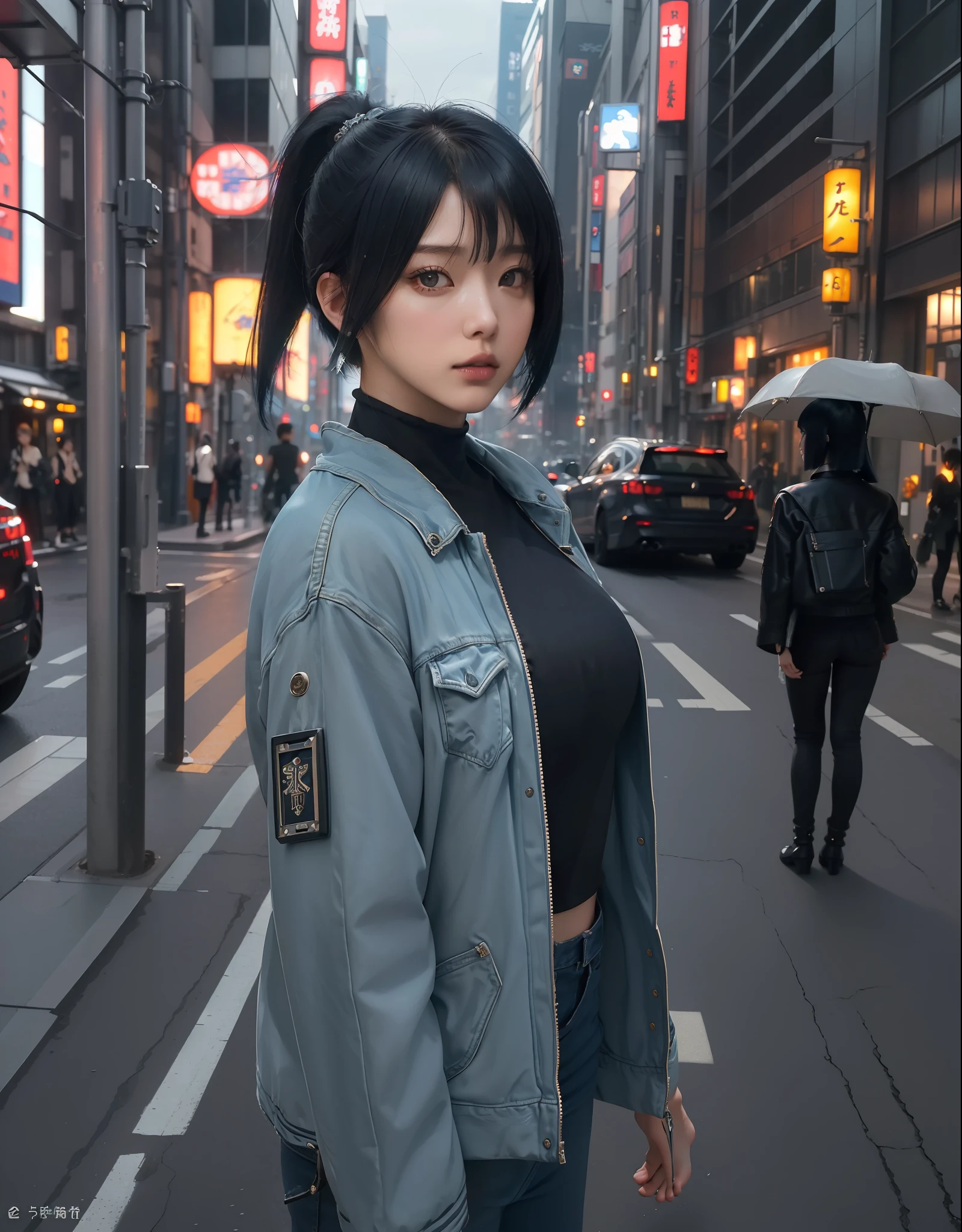 (masterpiece), ((high details)), (high detail face), intricate detail, depth of field, backlighting, award winning, high quality, best quality, 8k, Motoko Kusanagi, (inverted bob hair:1.3), short dark blue hair, ponytail, cyberpunk jacket, black short denim, outside, street, Tokyo, night, standing, looking at the viewer