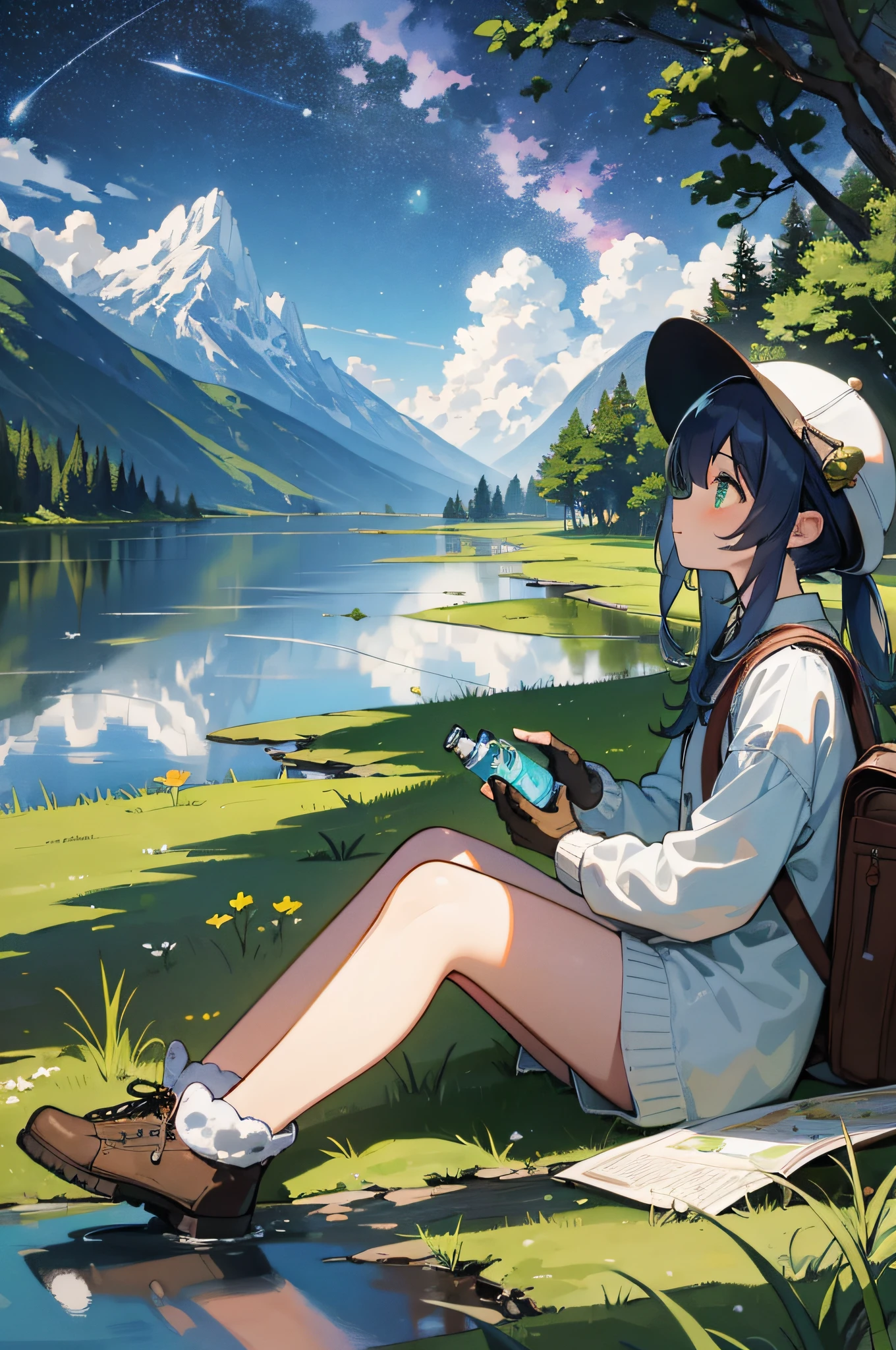masterpiece, best quality, ultra detailed, illustration, 1girl, solo, outdoors, camping, night, mountains, nature, stars, moon, tent, twin ponytails, green eyes, cheerful, happy, backpack, sleeping bag, camping stove, water bottle Mule, mountain boots, gloves, sweater, hat, flashlight, forest, rock, river, wood, smoke, shadow, contrast, clear sky, constellation, milky way, peace, serenity, tranquility, tranquility, remote, secluded, adventure, exploration , escape, independence, survival, resourcefulness, challenge, perseverance, endurance, endurance, observation, intuition, adaptability, creativity, imagination, artistry, inspiration, beauty, awe, wonder, gratitude, appreciation, relaxation, enjoyment, rejuvenation , mindfulness, awareness, connection, harmony, balance, texture, detail, realism, depth, perspective, composition, color, light, shadow, reflection, refraction, tone, contrast, foreground, middle ground, background, naturalism, metaphor, Representational, Impressionist, Expressionist, Abstract, Innovative, Experimental, Unique